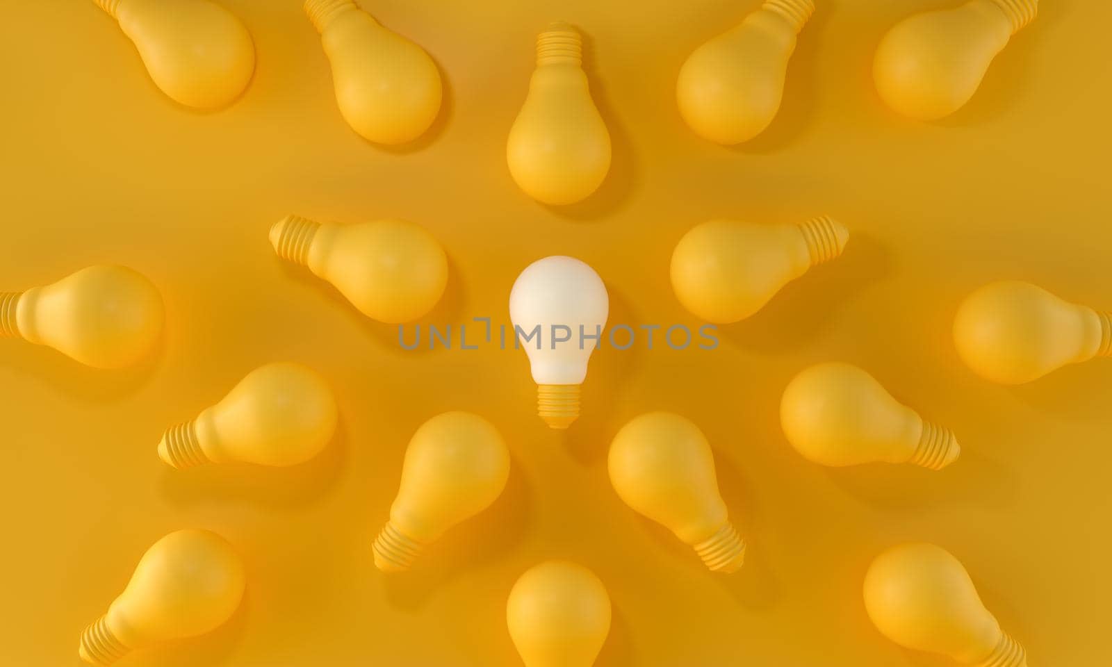 Light Bulb white Standing Out From the Crowd on yellow background. ideas and creativity concept. 3d rendering.