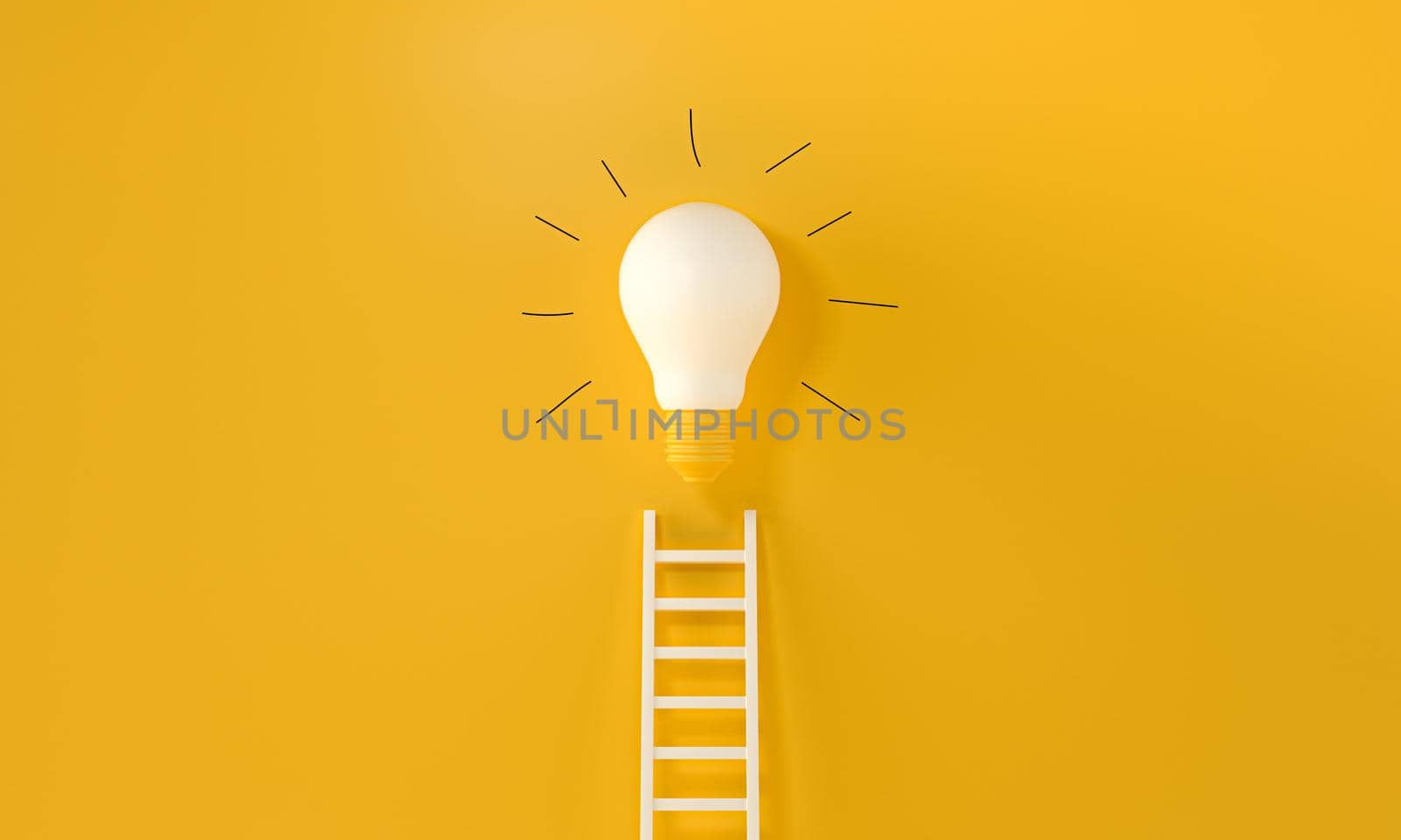 Lightbulb With A Ladder and handmade gloss lines on yellow background. Representing An Idea, Creativity and innovation concept with copy space text. 3d rendering.