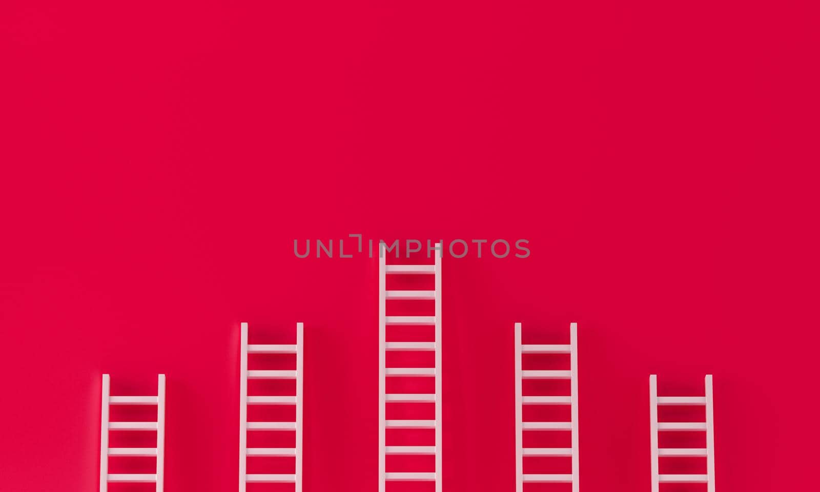 Ladder collection on red wall background. leadership, success concept with copy spaces for text. 3d rendering.