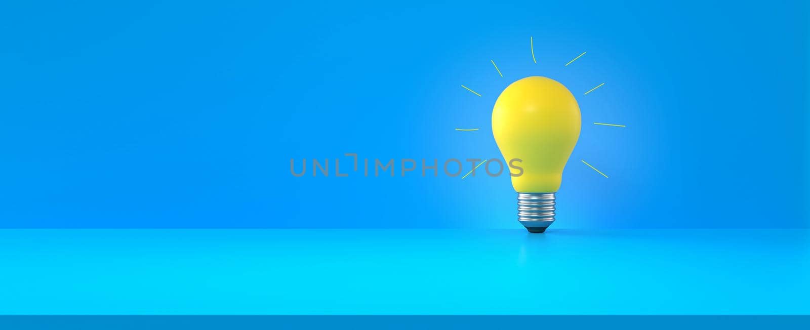Light bulb with handmade gloss lines on blue background. Panoramic composition with copy space. Creativity and innovation concept. 3d rendering.