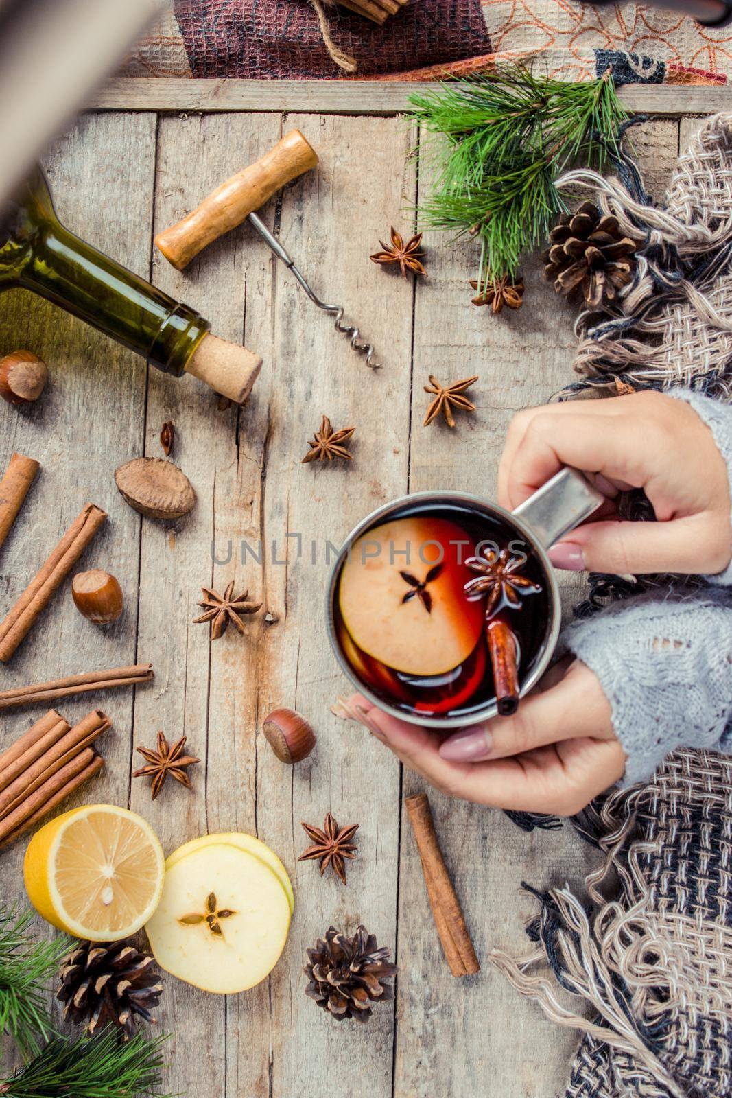 Mulled wine. With spices. Selective focus. Christmas drink.