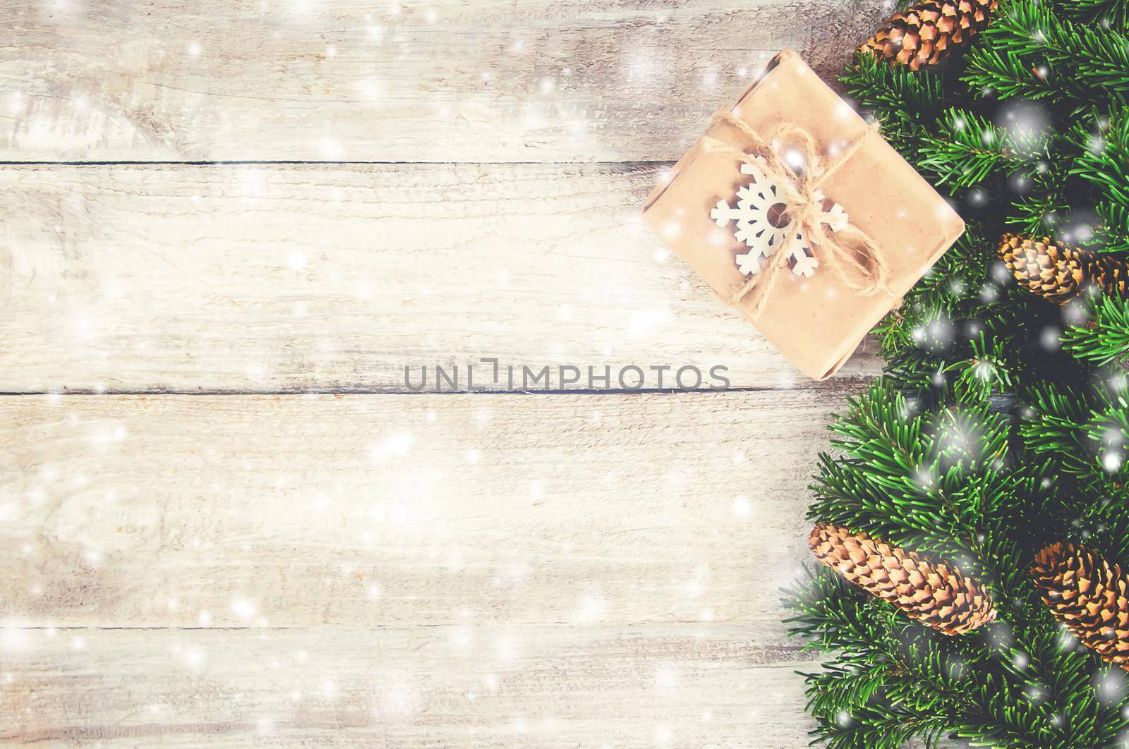 Wooden background with gifts. Selective focus. Decor.