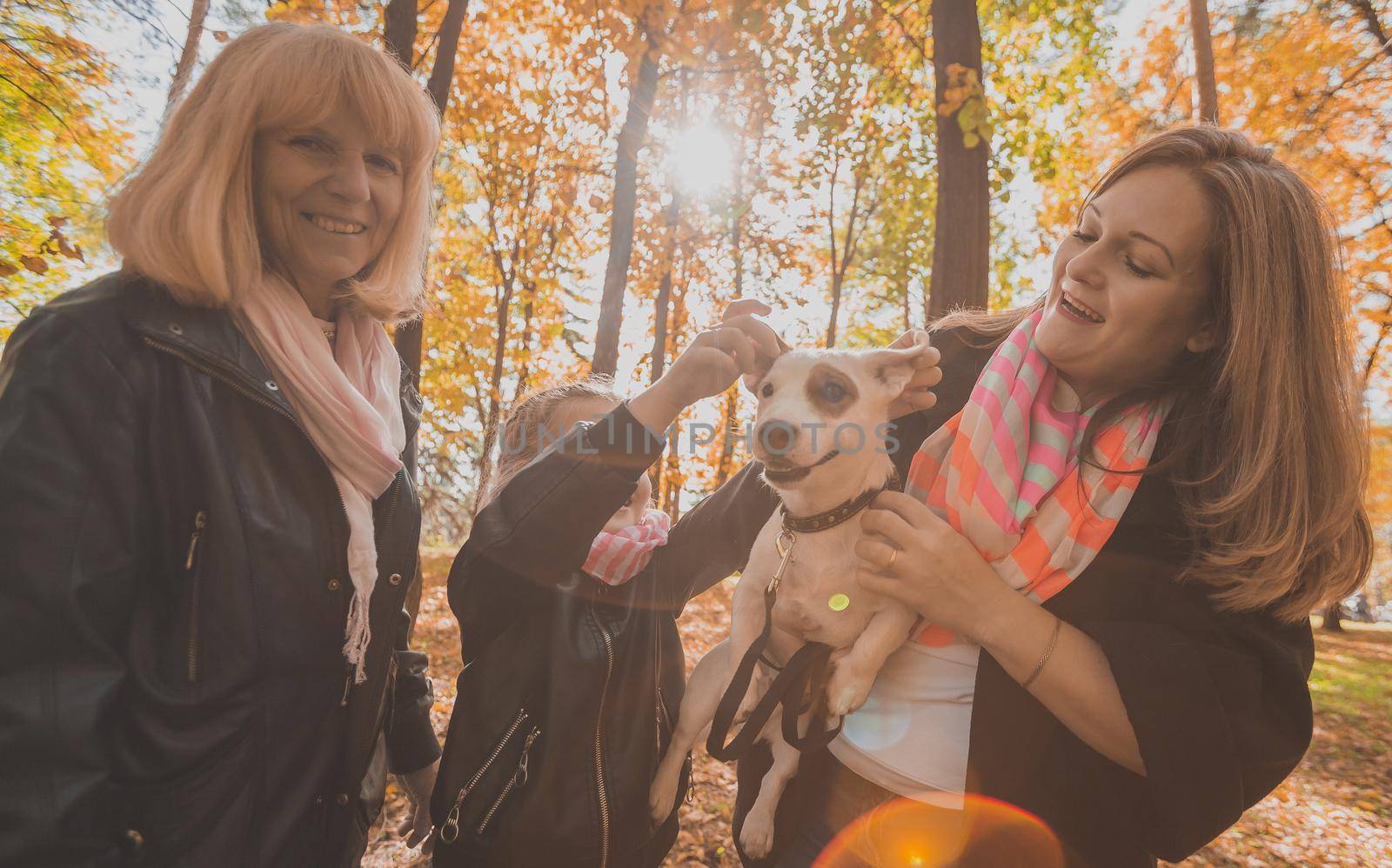 Grandmother and mother with granddaughter having fun with dog in autumn season. Generation, leisure and family concept by Satura86