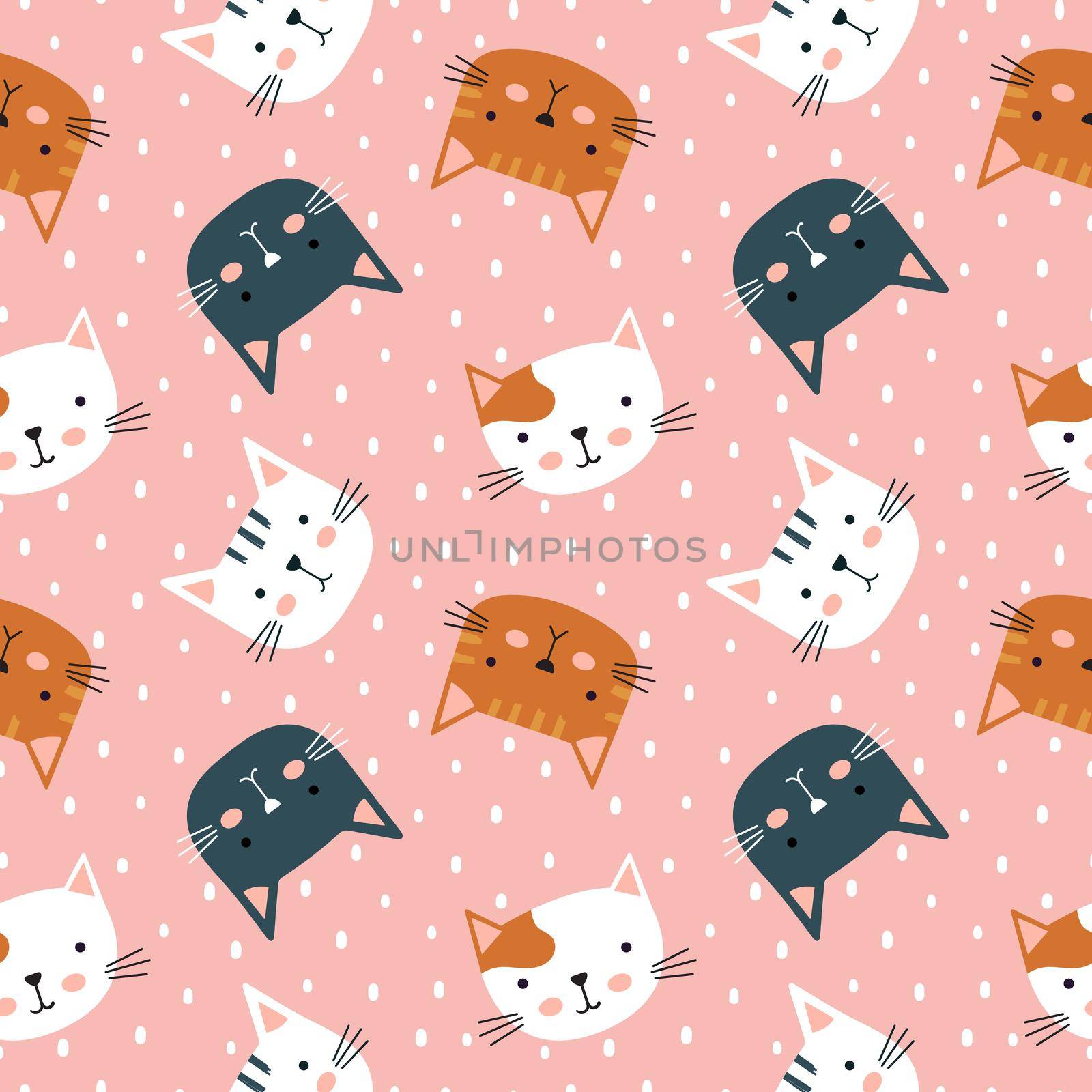 Cat seamless pattern. Cute variety of kittens. Children s characters in a simple hand-drawn naive cartoon in the Scandinavian style. by Lena_Khmelniuk