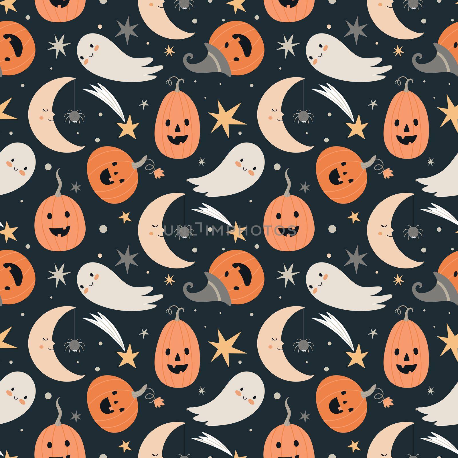 Halloween seamless vector pattern with cute Halloween characters and symbols - ghost, pumpkin, moon, stars. by Lena_Khmelniuk