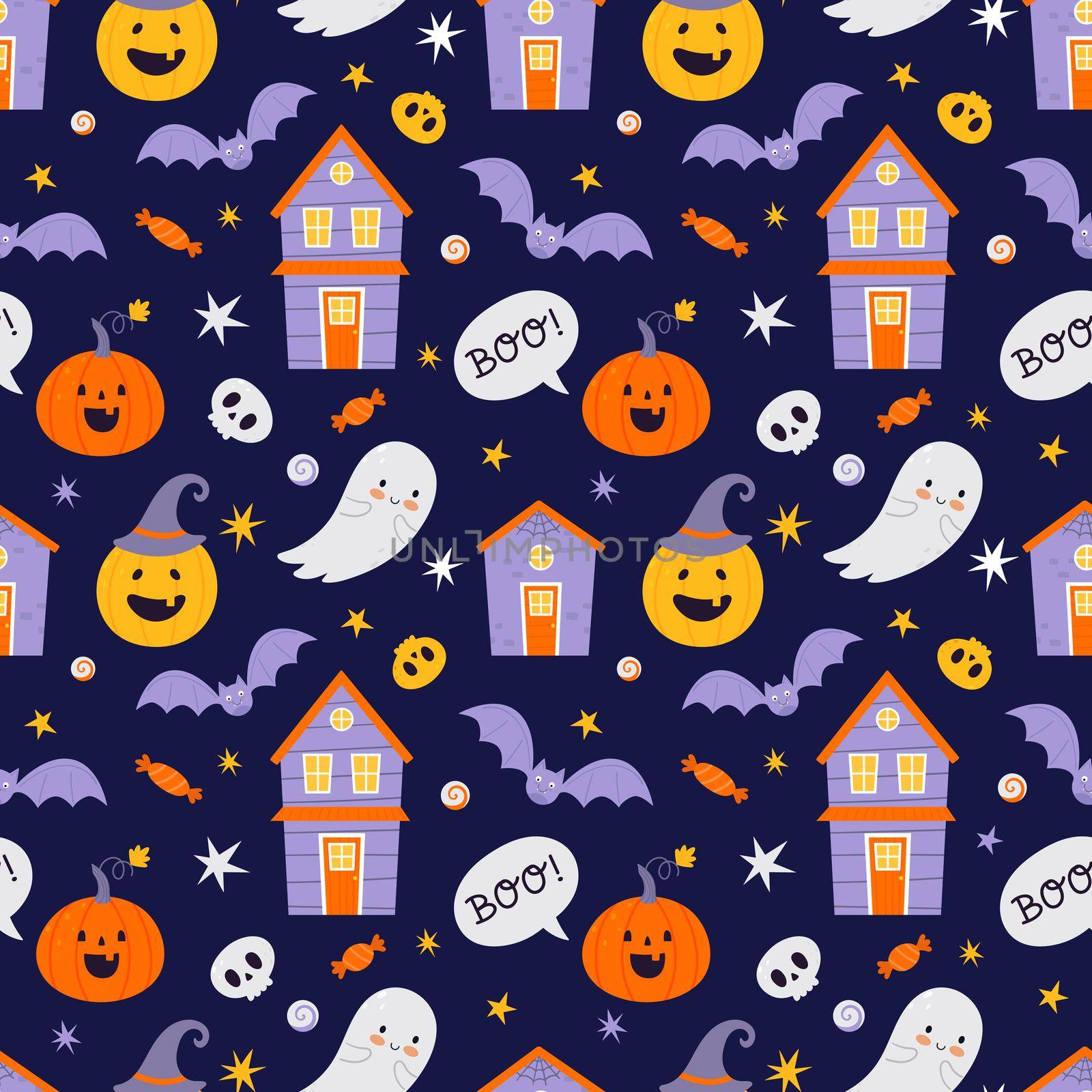 Halloween seamless pattern with pumpkins and bats and other Halloween symbols. by Lena_Khmelniuk