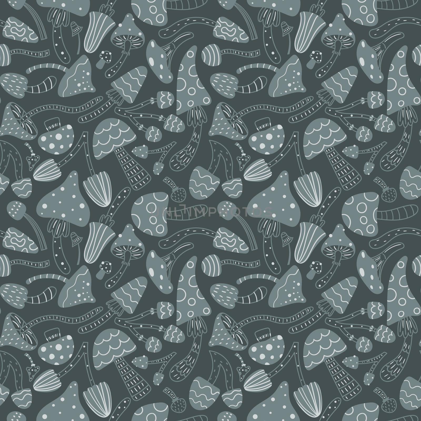 Autumn seamless background with mushrooms on a dark gray background. Scandinavian style. Ideal for fabric, wrapping paper, seasonal decorations. by Lena_Khmelniuk