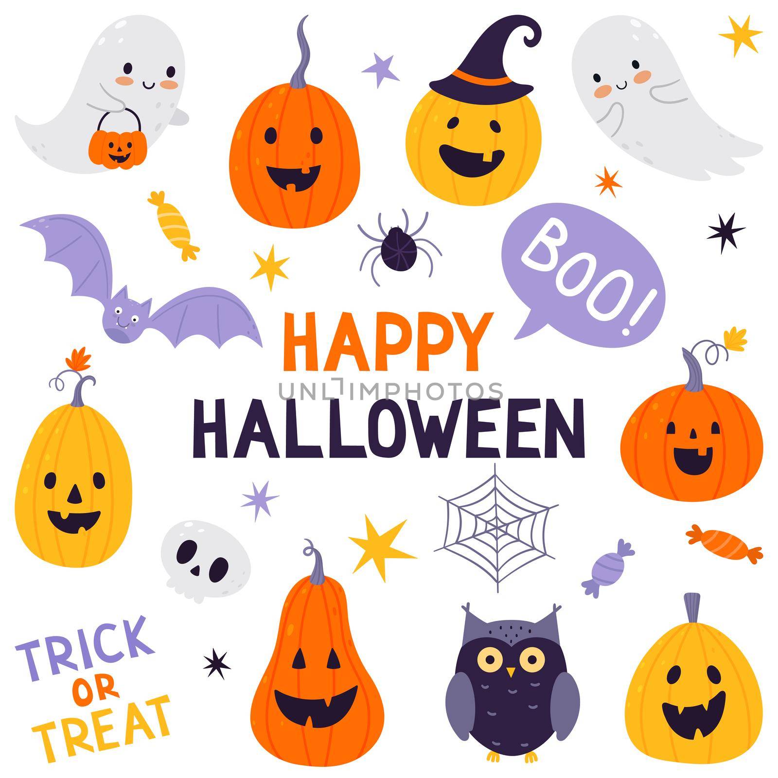 Halloween festive set. Hand-drawn set of traditional symbols. Vector illustration isolated on white background.