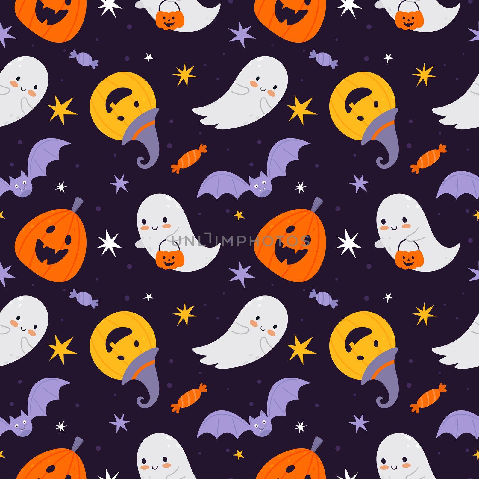 Halloween seamless pattern with pumpkins and bats and Halloween ghosts. by Lena_Khmelniuk