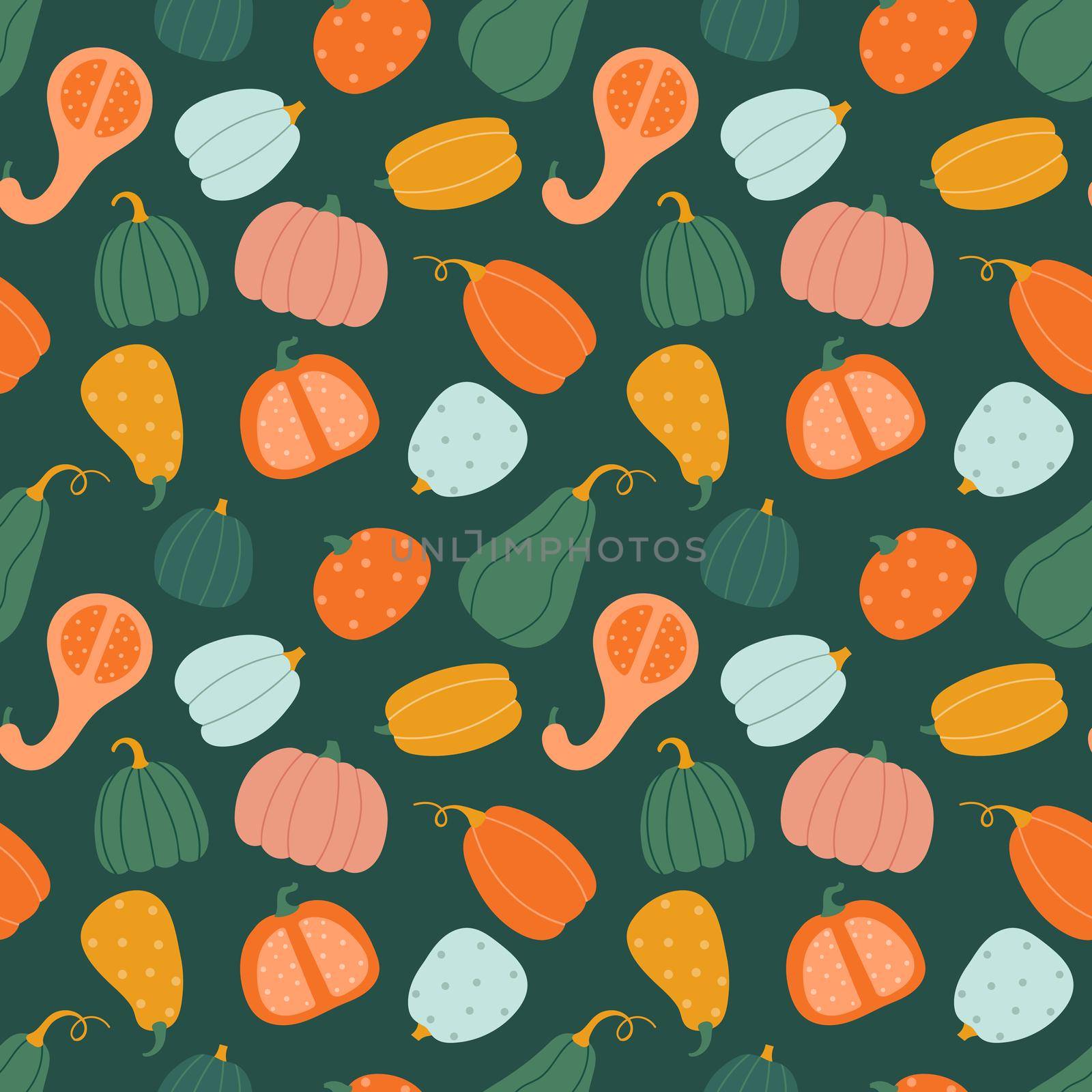 Seamless pattern with pumpkins in flat cartoon style. by Lena_Khmelniuk
