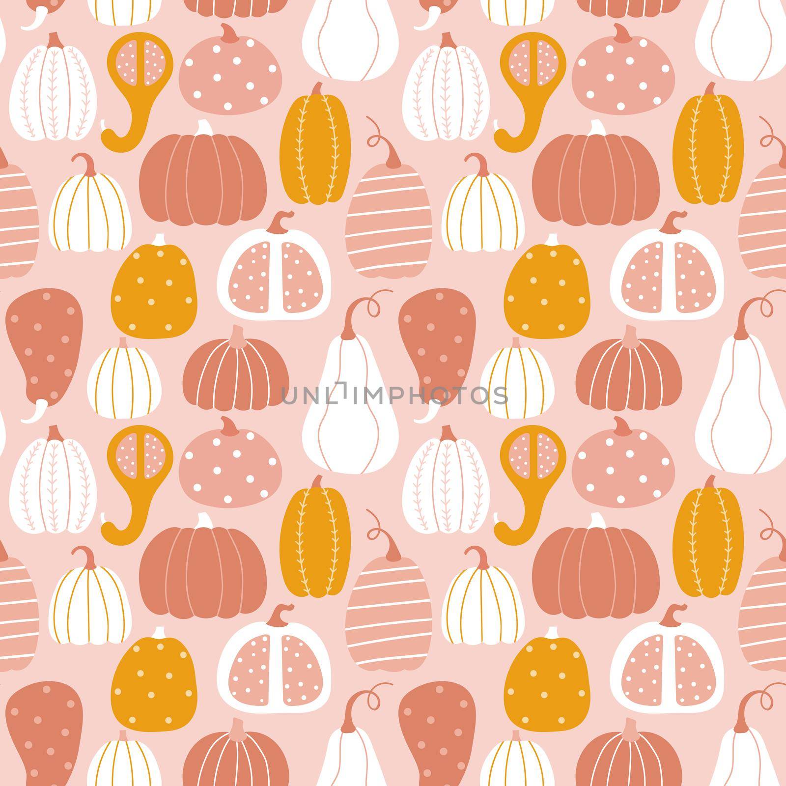 Seamless background with pumpkins in the autumn color palette. Flat cartoon style. by Lena_Khmelniuk