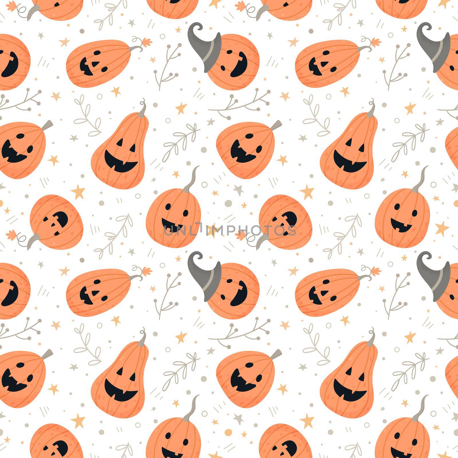 Halloween template. Vector seamless pattern with cute smiling orange pumpkins on a white background. by Lena_Khmelniuk