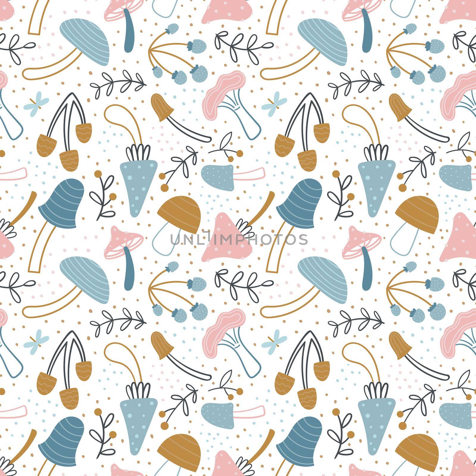 Mushrooms seamless pattern. Cute mushrooms in doodle style on a white background. Pastel palette. Autumn design for fabric, textile, etc. Vector illustration
