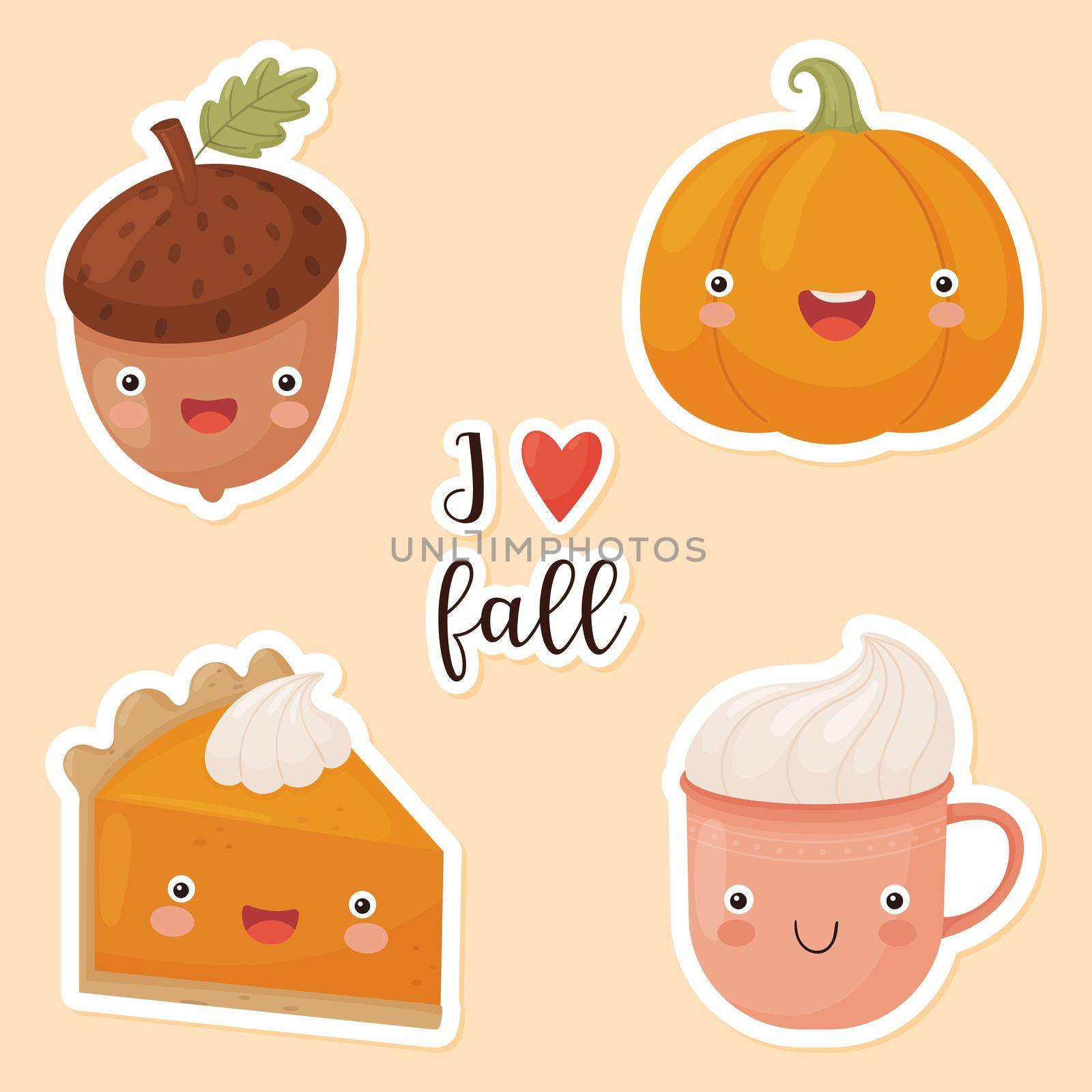 Set of autumn stickers. Funny autumn characters. Pumpkin, acorn, pumpkin pie, cup and lettering. Vector illustration.