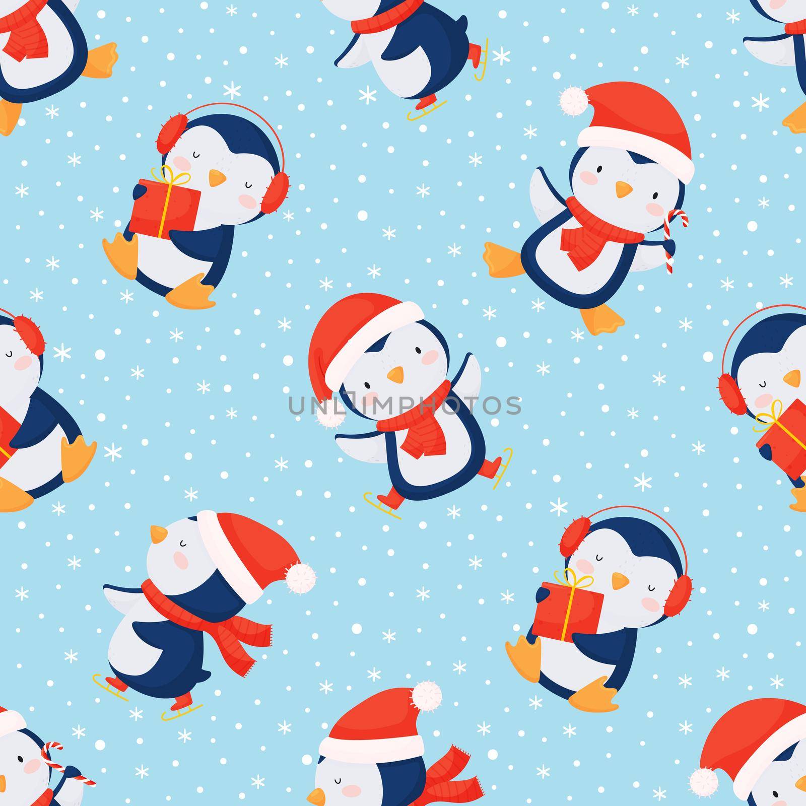 seamless christmas background with cute penguins. winter illustration by Lena_Khmelniuk