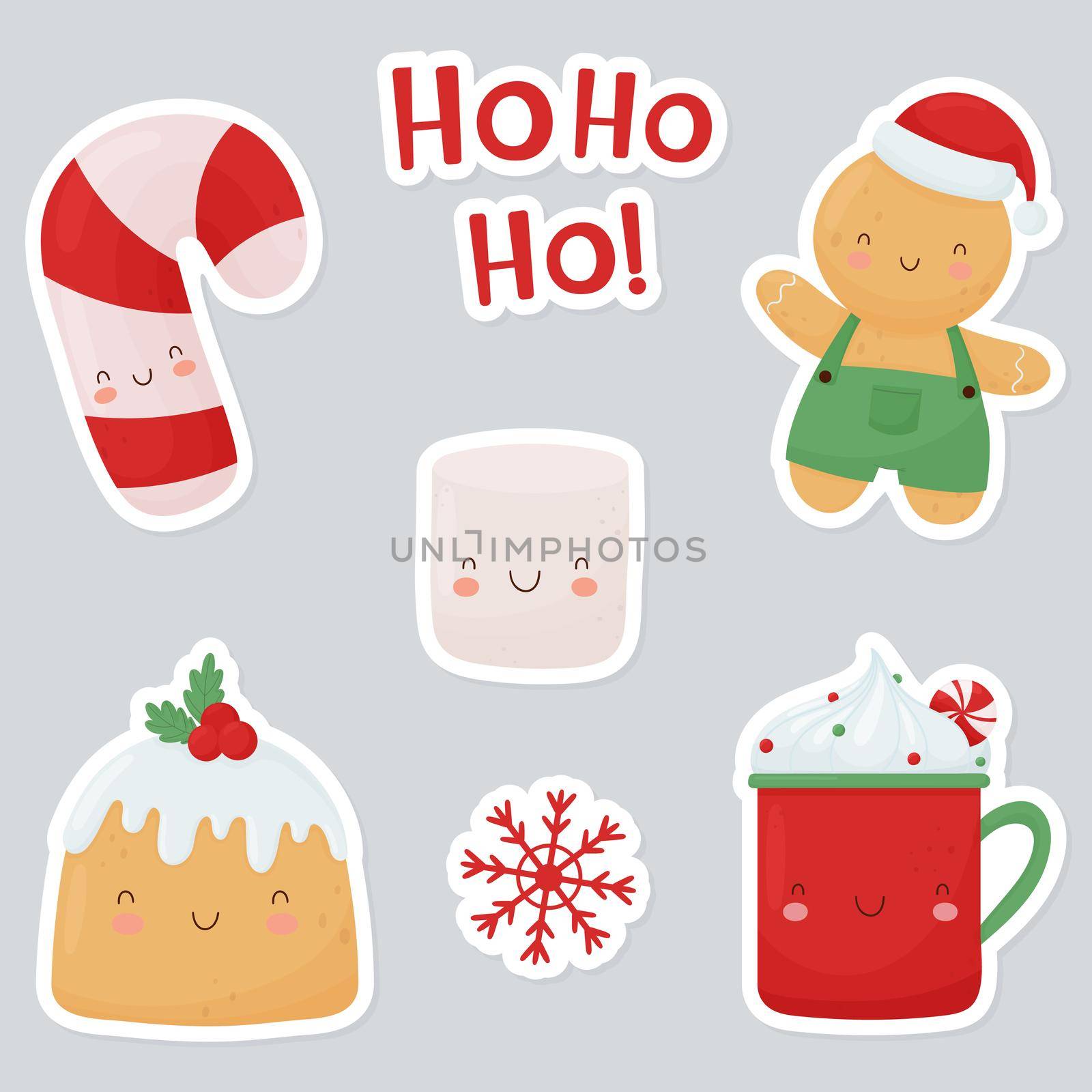 A set of bright Christmas stickers. Cute Christmas characters, cup, pie, marshmallow, candy cane, gingerbread man. by Lena_Khmelniuk