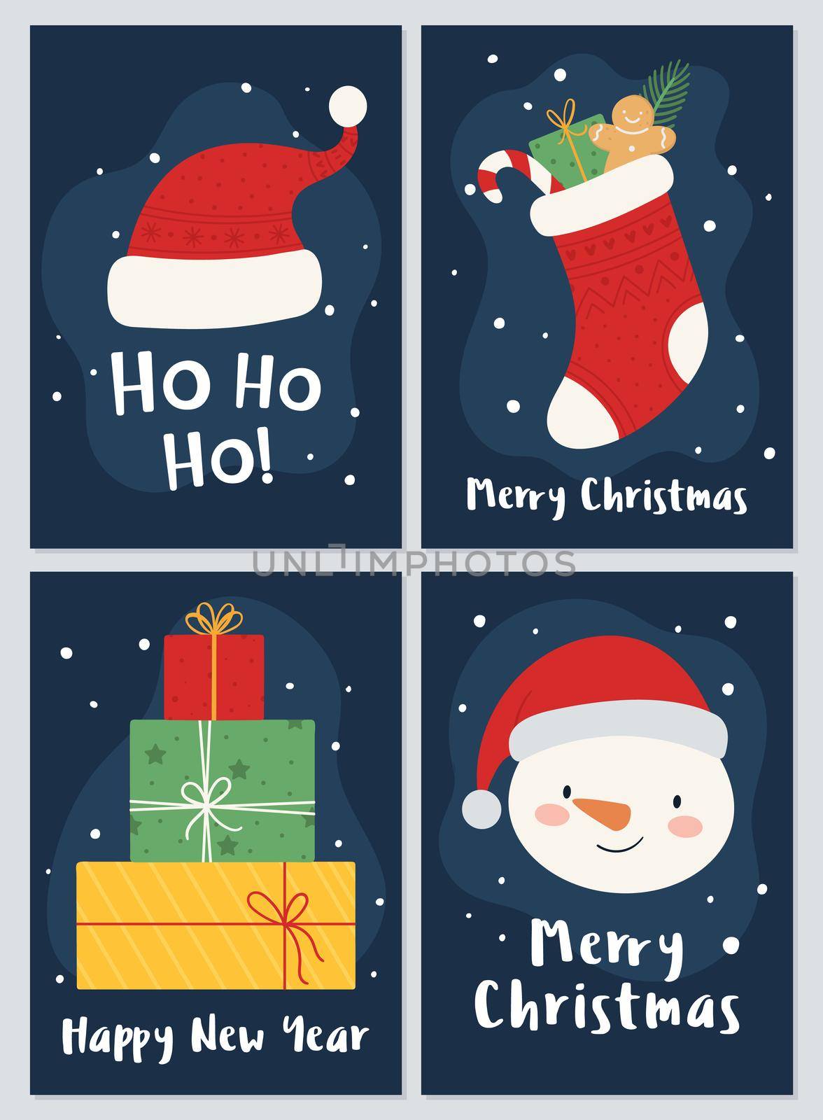 A set of postcards for the Christmas and New Year holidays. Sock, gifts snowman and santa hat. by Lena_Khmelniuk