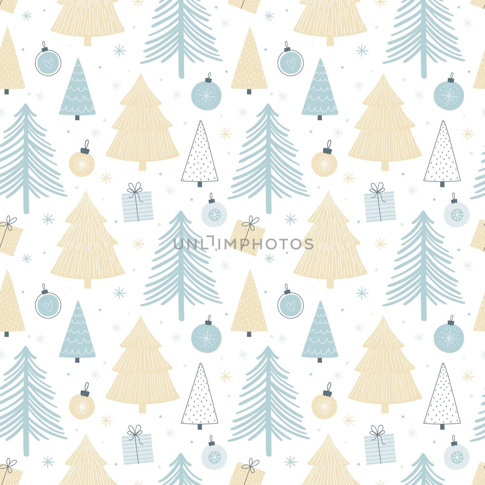 Christmas seamless pattern with varied trees, Christmas balls and gifts. Pastel palette. Scandinavian style seamless vector background for wrapping paper, fabric, etc ...