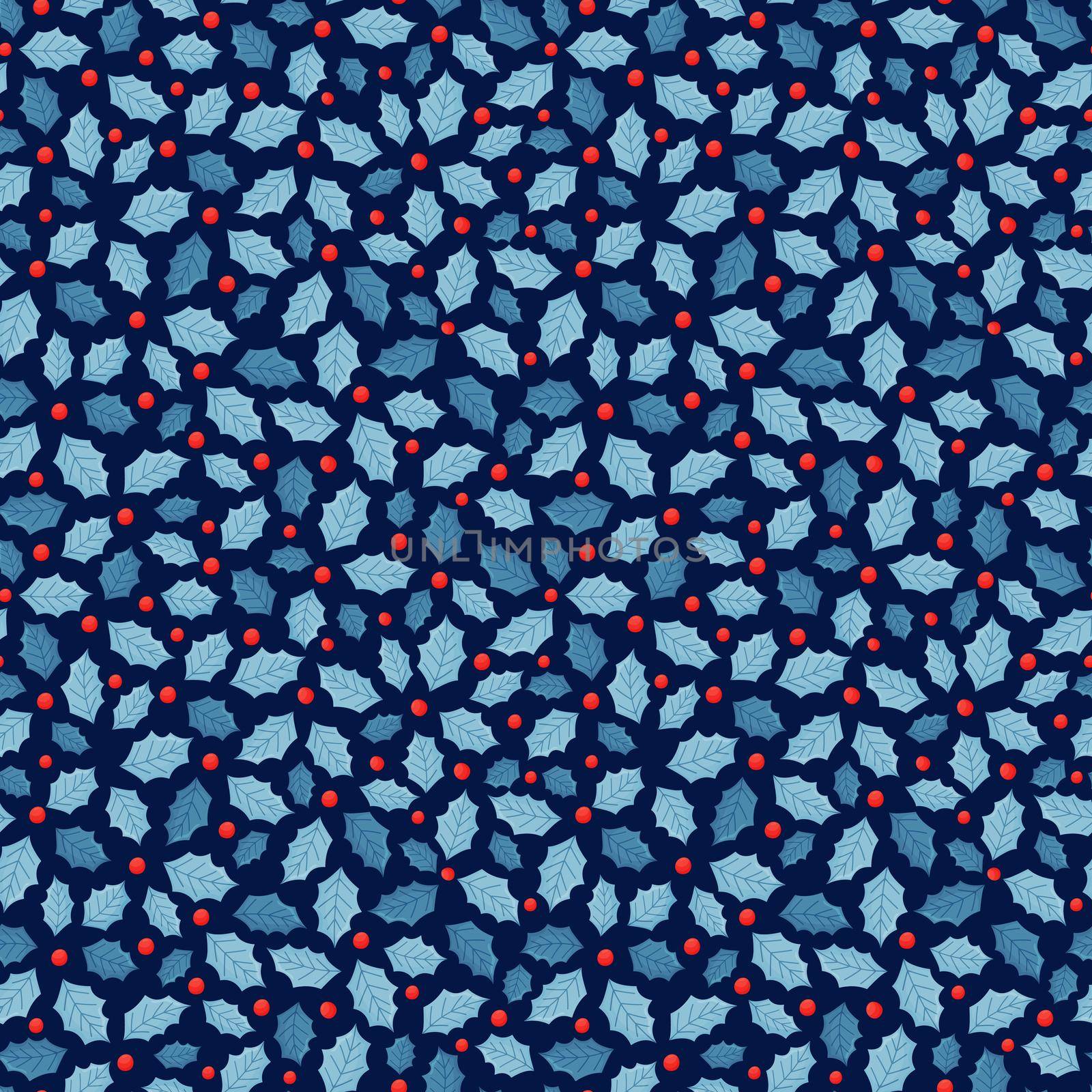 Seamless Christmas pattern with holly leaves and berries. Simple cartoon style. Seamless background for winter holidays decoration, wrapping paper, fabric. Vector illustration on a blue background.