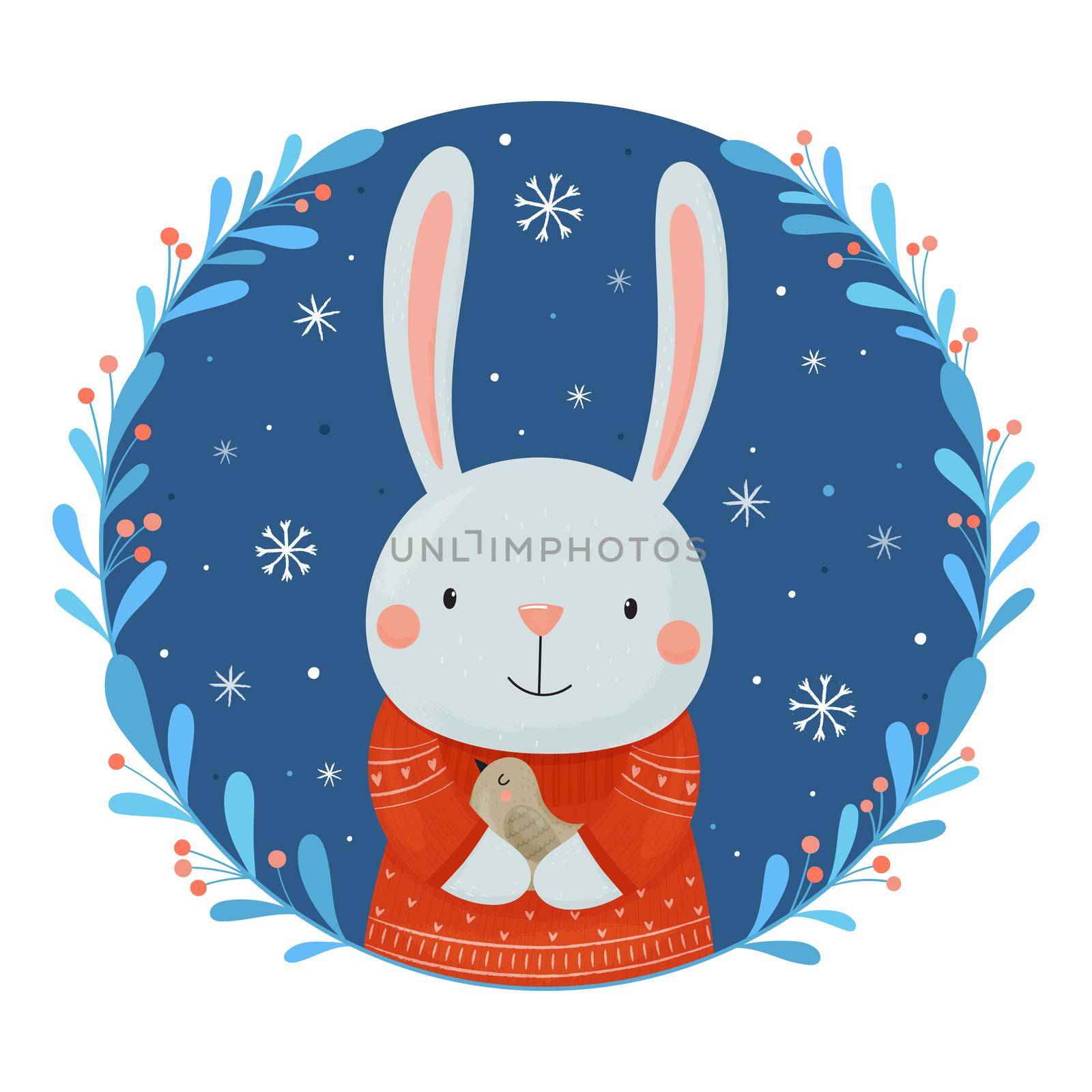 Holiday card template for New Year and Christmas holidays with cute bunny and bird. by Lena_Khmelniuk