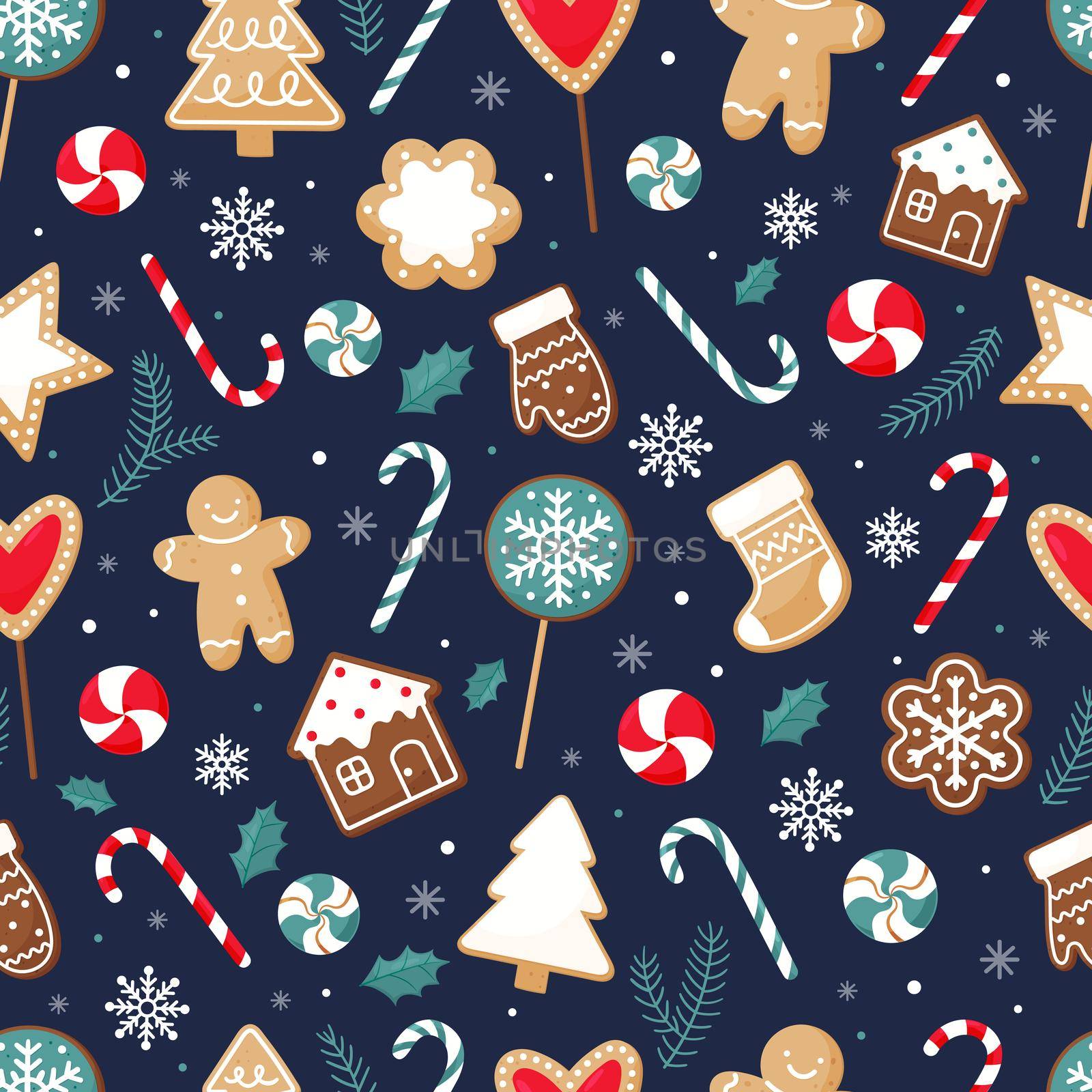 Seamless Christmas pattern with gingerbread cookies and sweets. by Lena_Khmelniuk