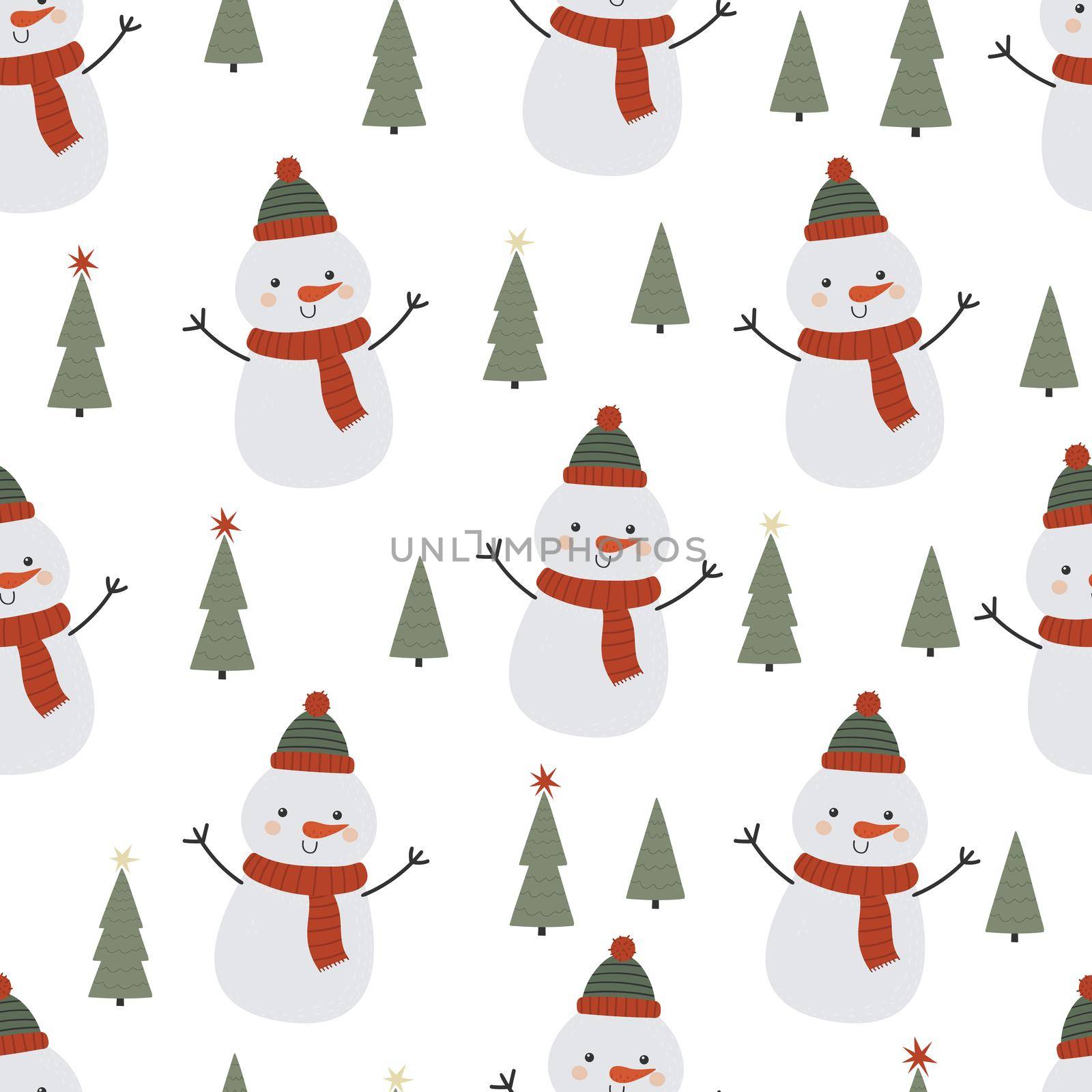 Seamless vector pattern with funny snowmen and Christmas trees. Winter seamless background in flat cartoon style. by Lena_Khmelniuk