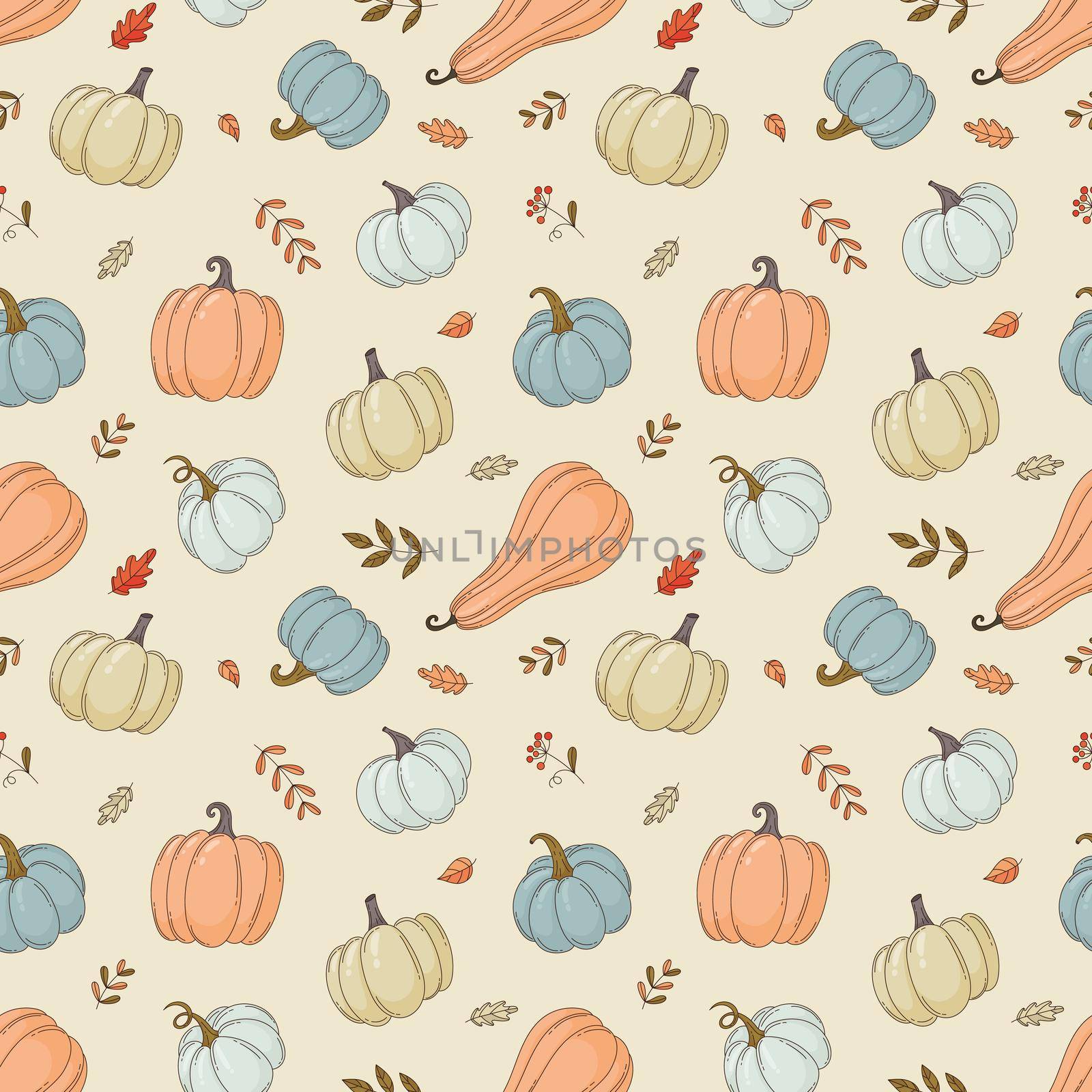 Seamless pattern with varied pumpkins and autumn leaves. Seamless background for autumn holidays, fabric, wrapping paper. Vector illustration in cartoon style