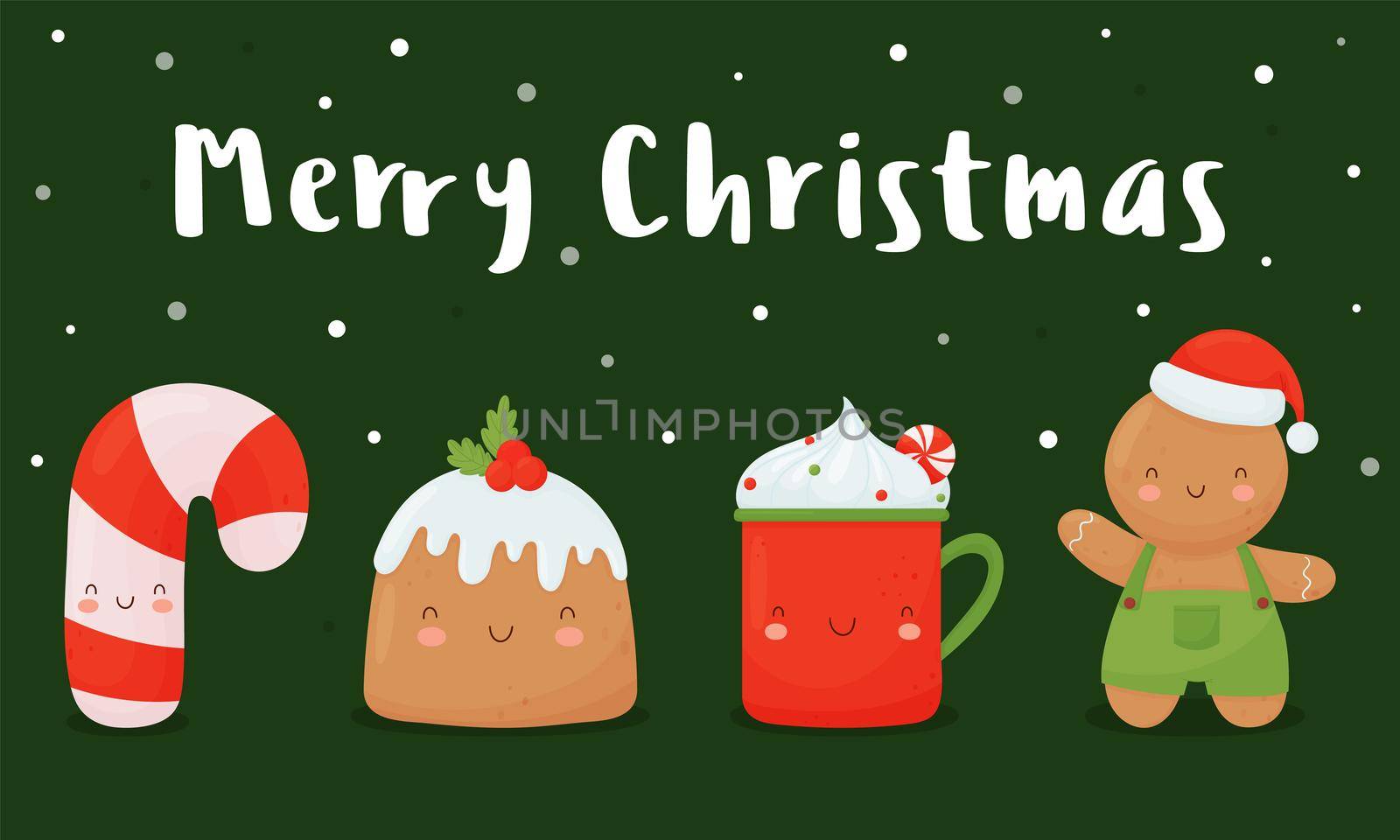 Christmas card with cute characters, candy cane, ginger man, cup and Christmas cake on a green background. by Lena_Khmelniuk