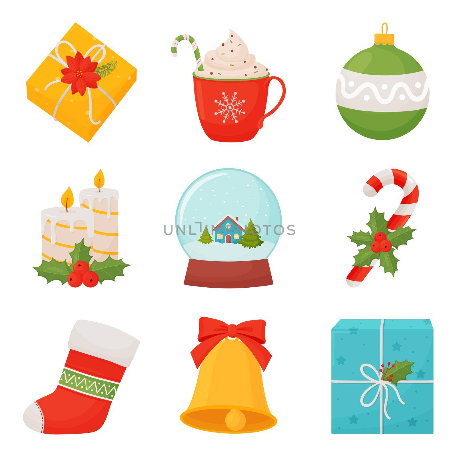 Set of Christmas symbols. Colorful Christmas icons vector illustration isolated on white background