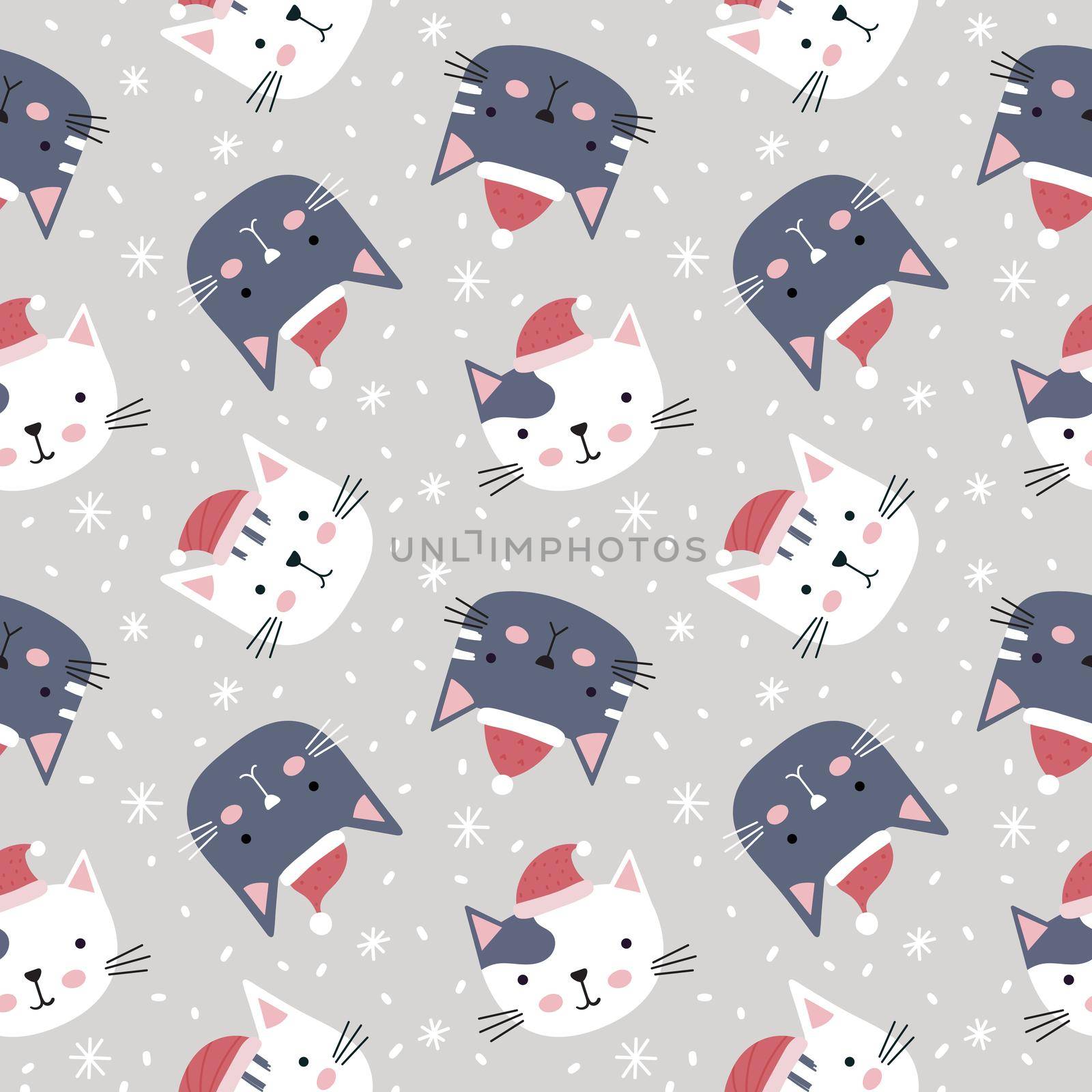 Christmas seamless pattern with cute kittens in Santa Claus hat. Childrens vector background. Ideal for baby textiles and wrapping paper.