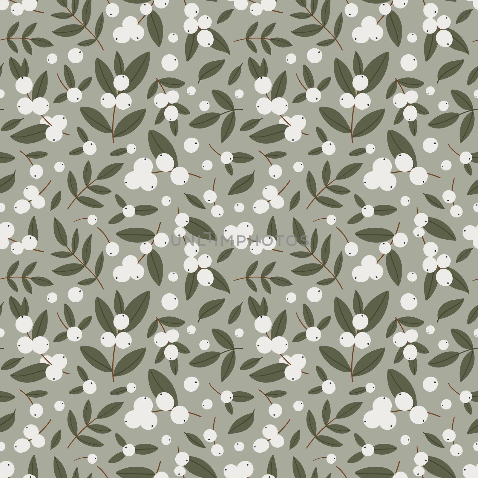 Seamless pattern with winter white berries on an olive background. Vector illustration.