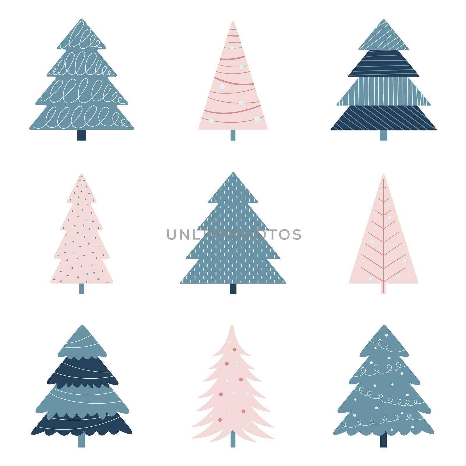 Set of multi-colored Christmas trees on white background. by Lena_Khmelniuk