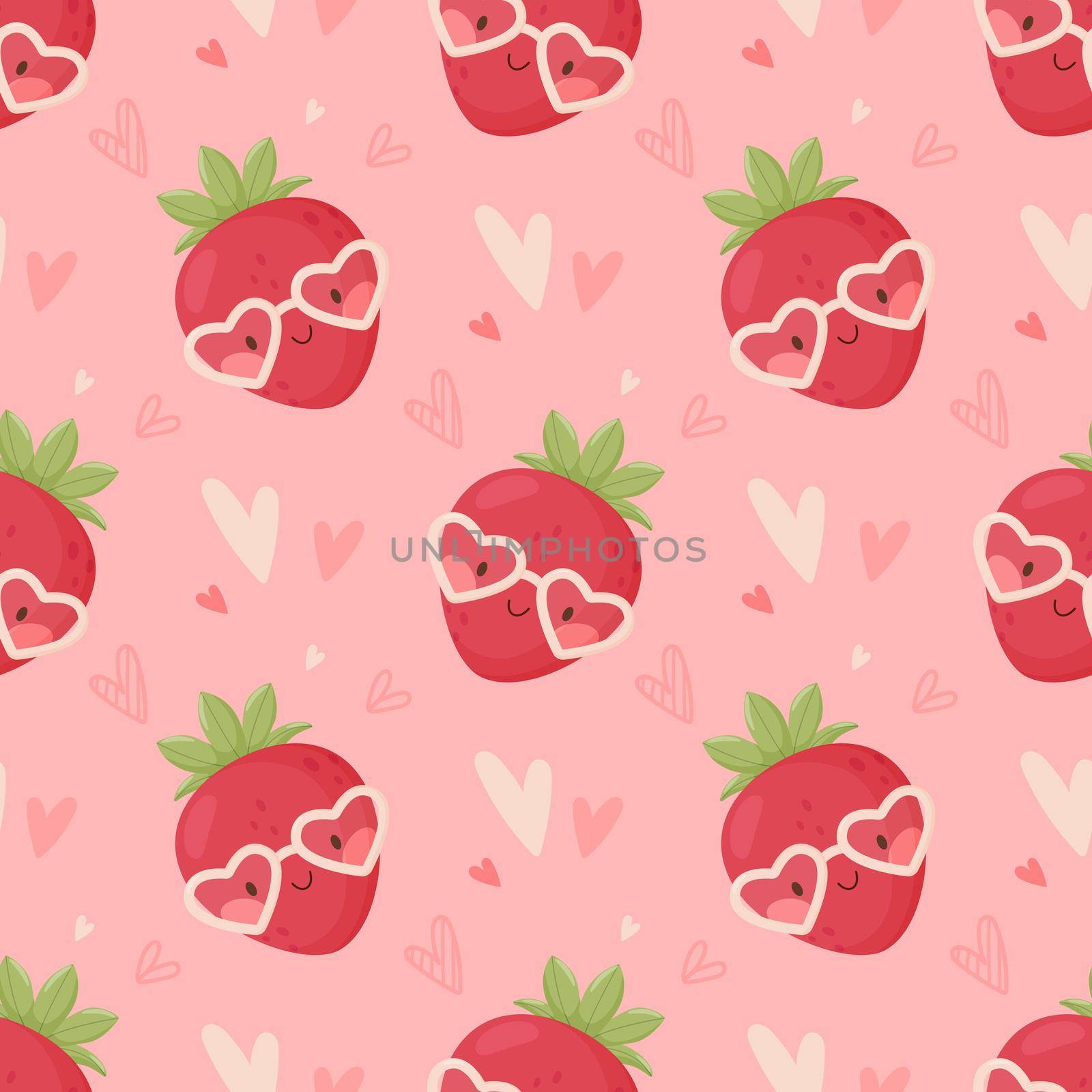 Valentine s Day seamless background. Cute cartoon strawberry wearing heart glasses. Vector illustration. by Lena_Khmelniuk