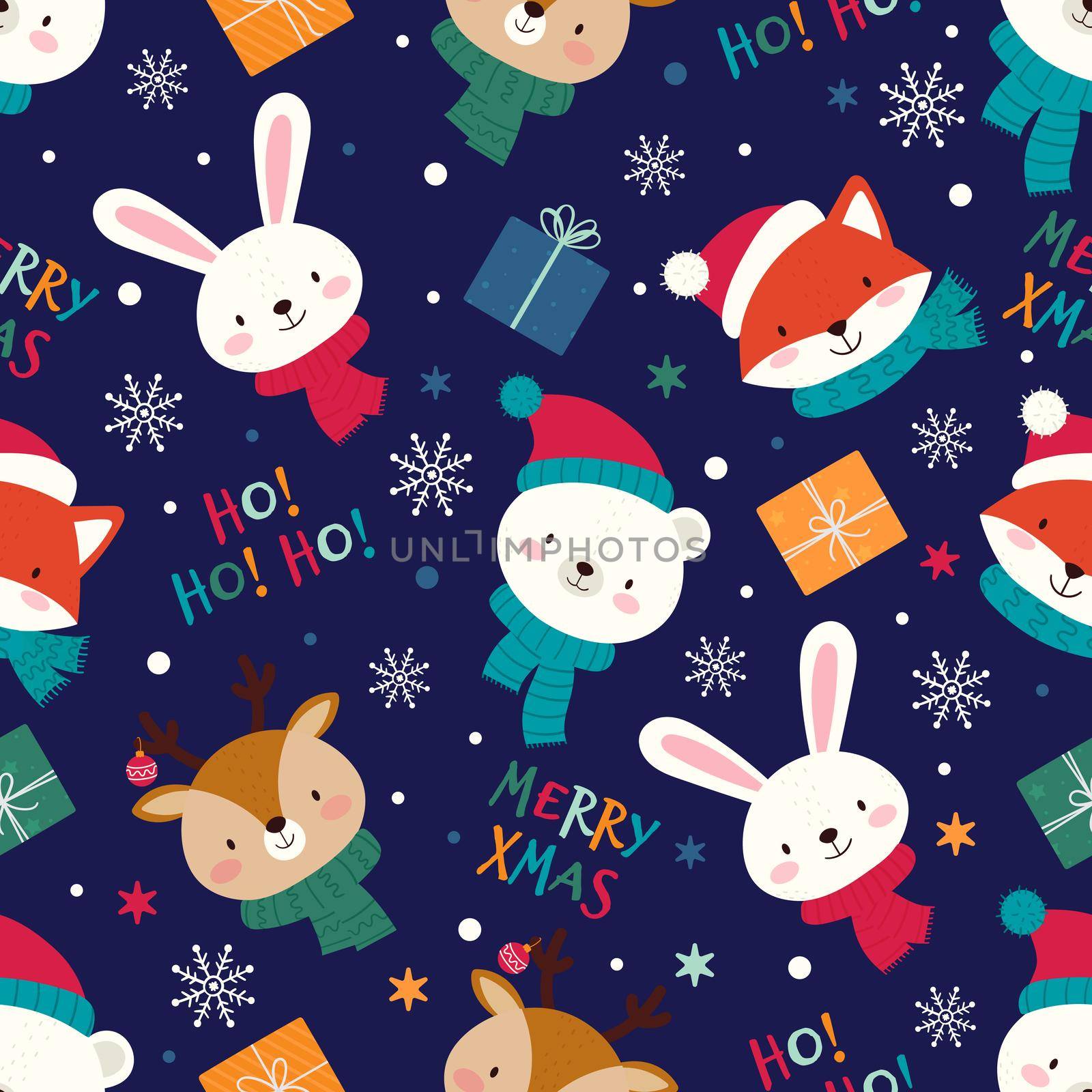 Seamless Christmas pattern with cute animals, gifts and lettering. Vector illustration