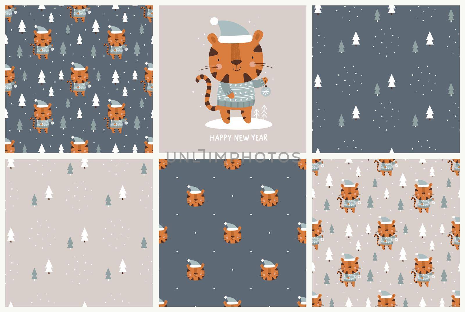 Set of seamless winter patterns with cute tiger. Vector seamless background for winter holidays decoration, fabric, children s textiles.