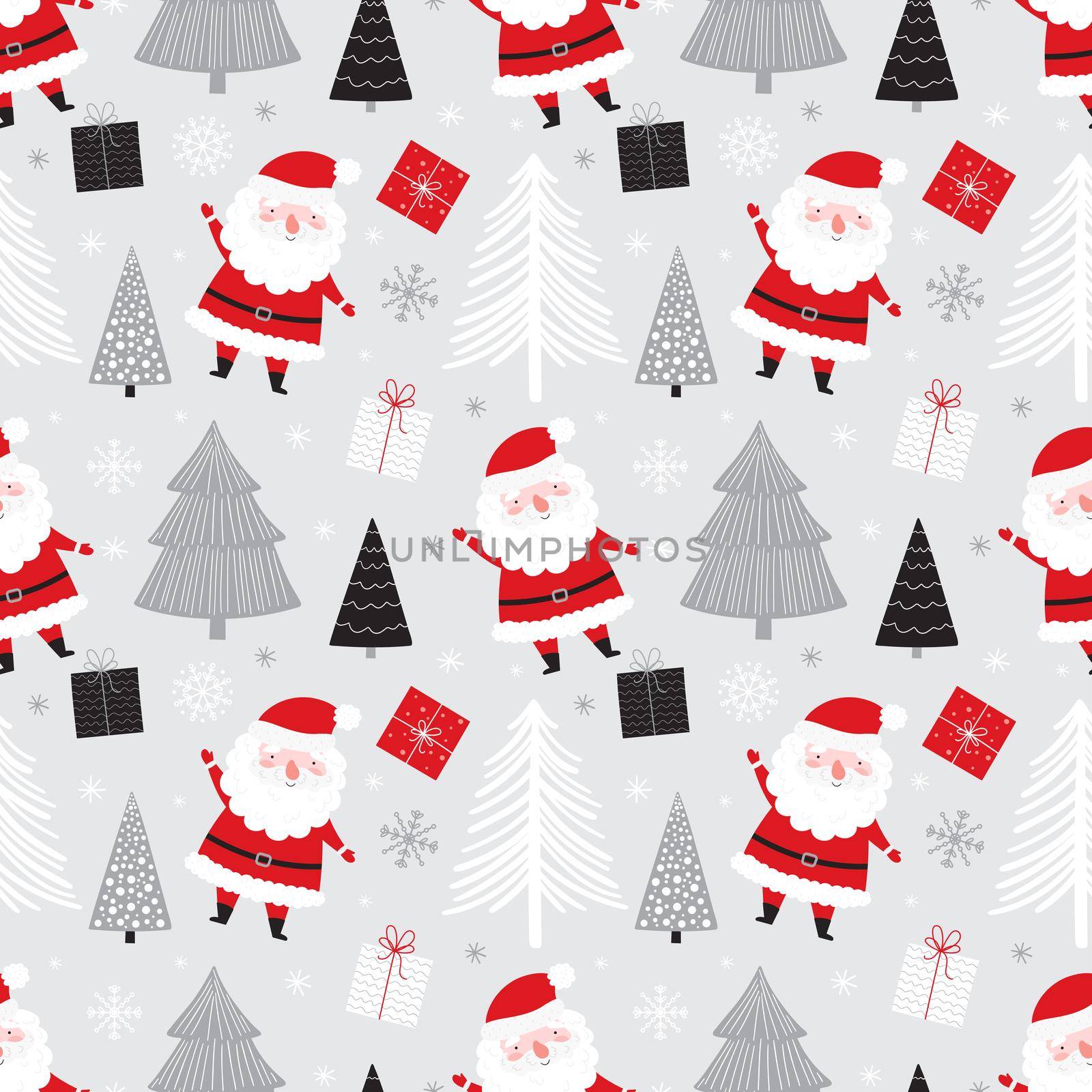 Christmas seamless pattern with cute Santa gifts and Christmas trees. Vector illustration.