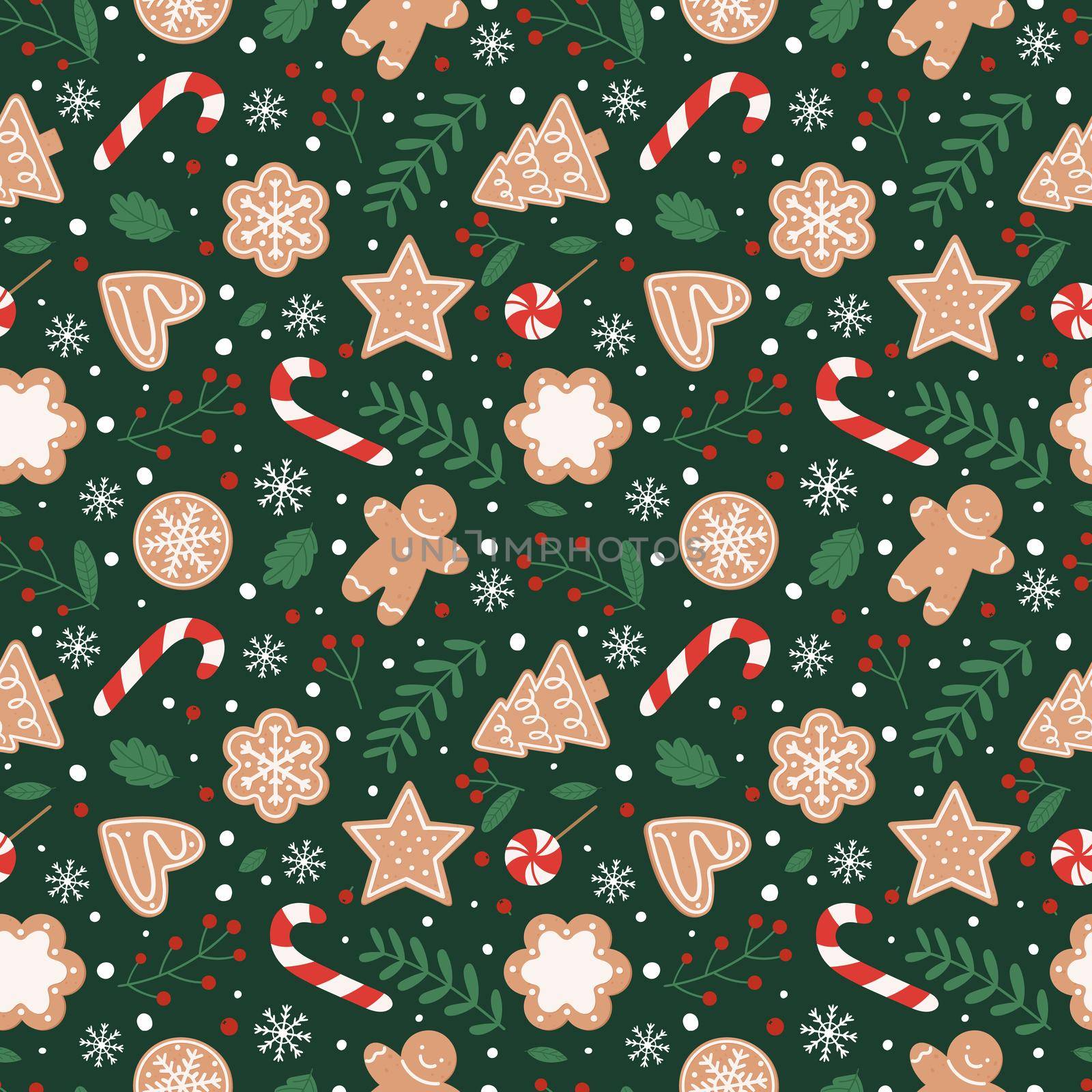Gingerbread seamless pattern. Festive background with cookies, candies, leaves and berries. Vector illustration in flat cartoon style on green background
