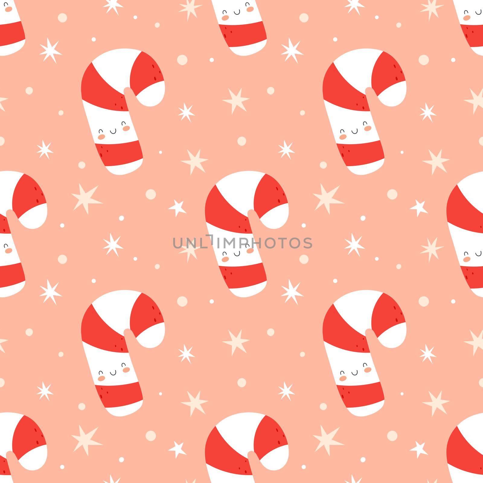 Seamless Christmas background with cute candy cane. Vector illustration in flat cartoon style on a pink background. Ideal for fabric and wrapping paper.