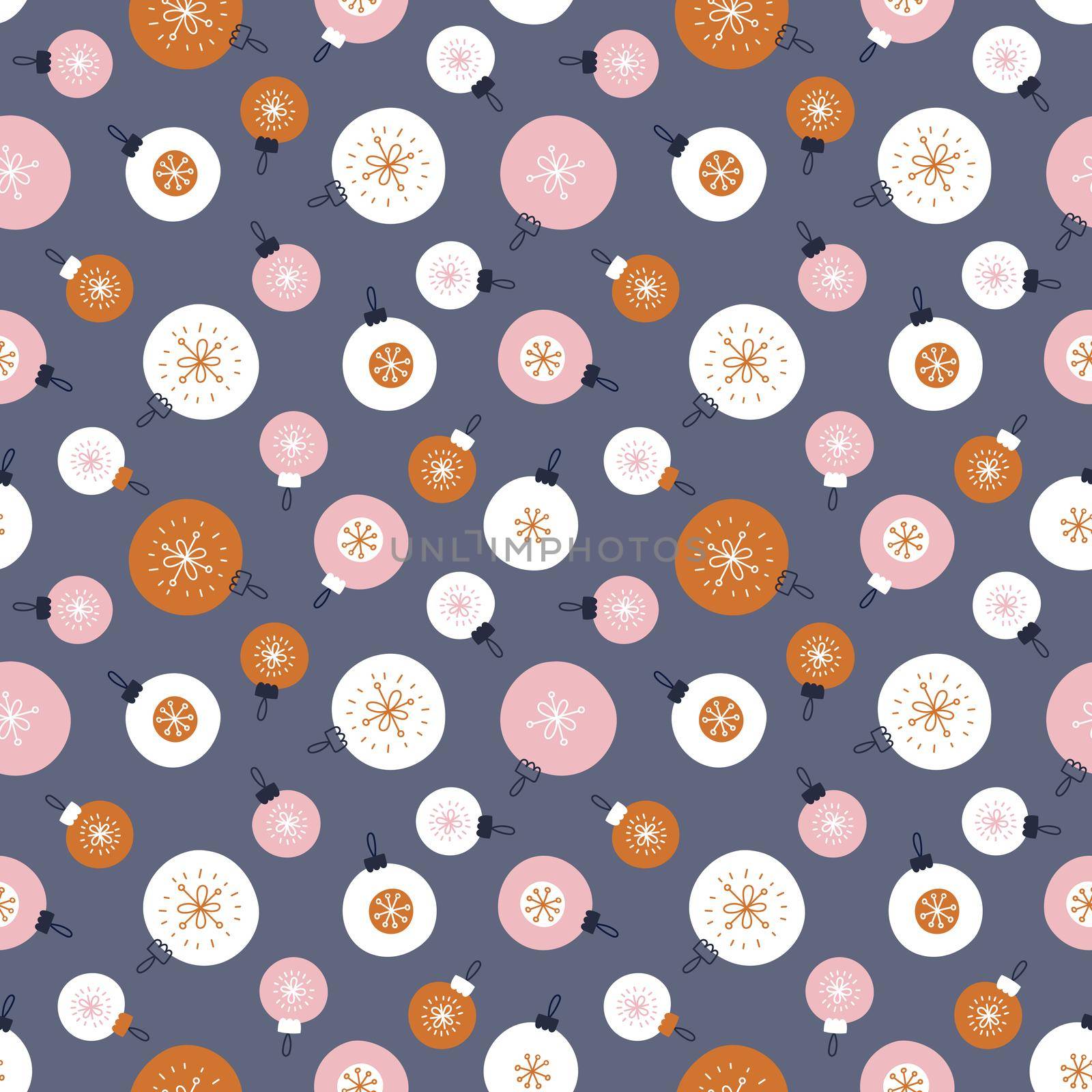 Seamless pattern with Christmas balls on a dark background. Vector illustration in Scandinavian style. by Lena_Khmelniuk