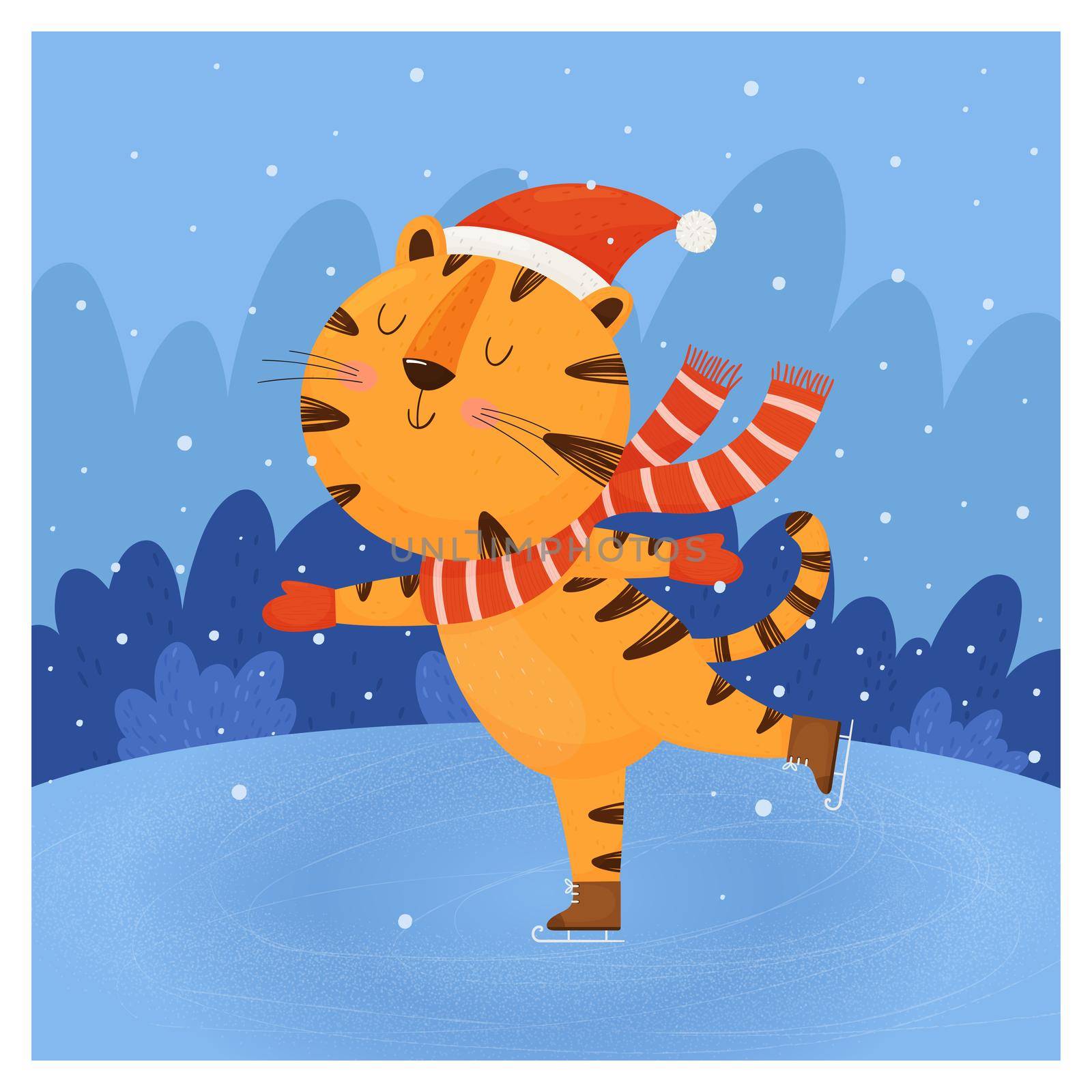 Greeting card template with funny ice skating tiger. Vector illustration in children's cartoon style. Colorful design for Christmas and New Year holidays.
