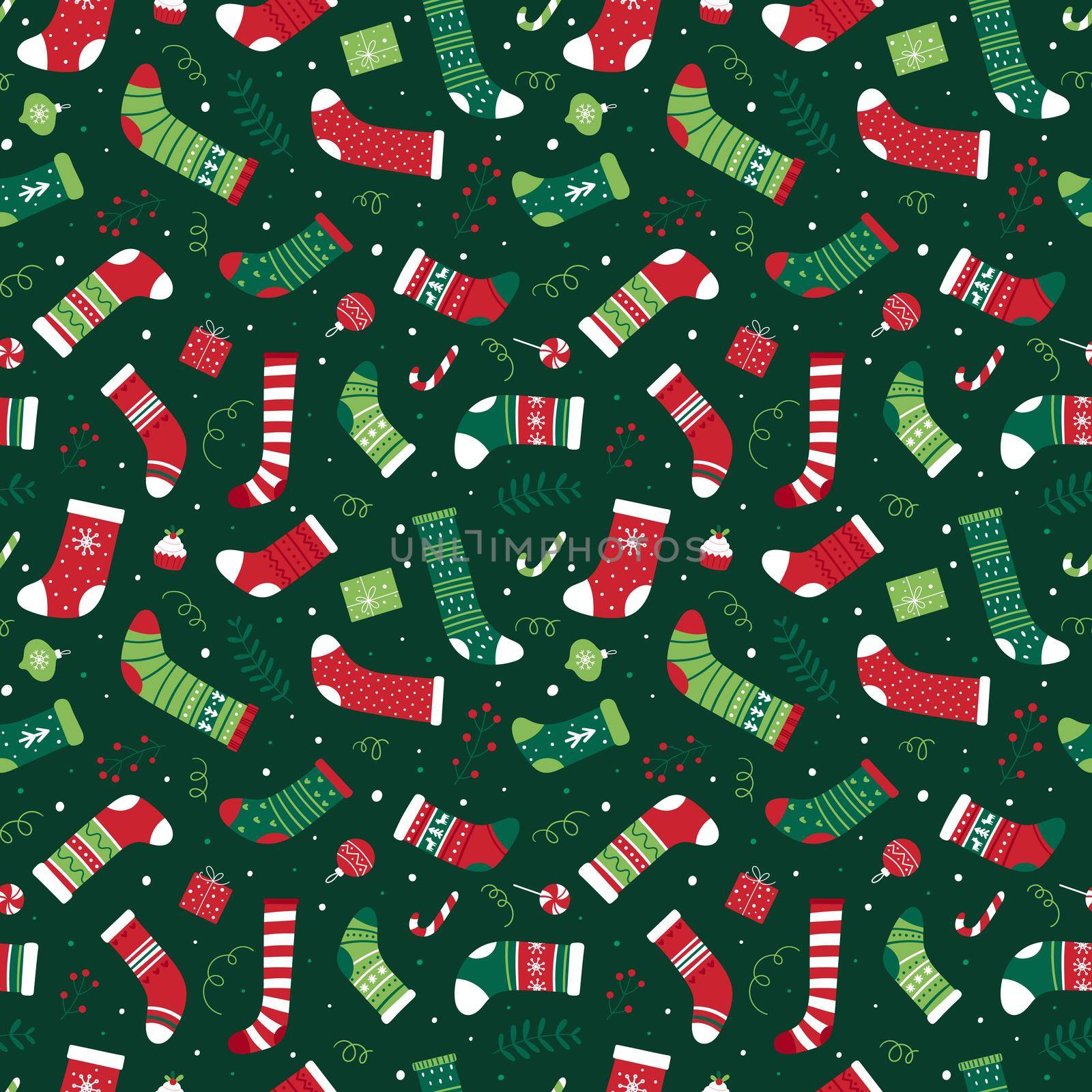 Seamless Christmas pattern with assorted Christmas socks. Bright vector background for wrapping paper, fabric.
