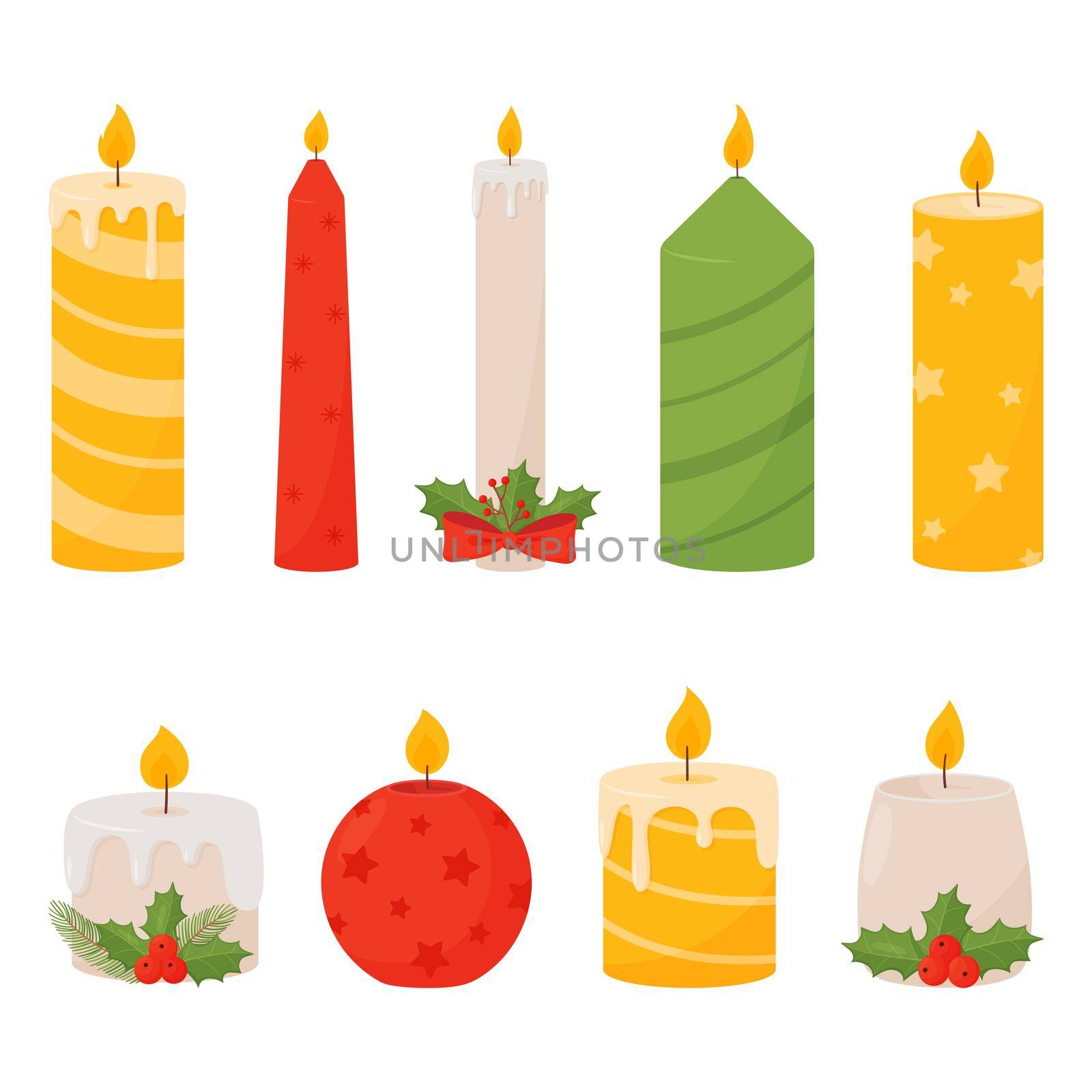 Set of Christmas candles isolated on a white background. Vector illustration