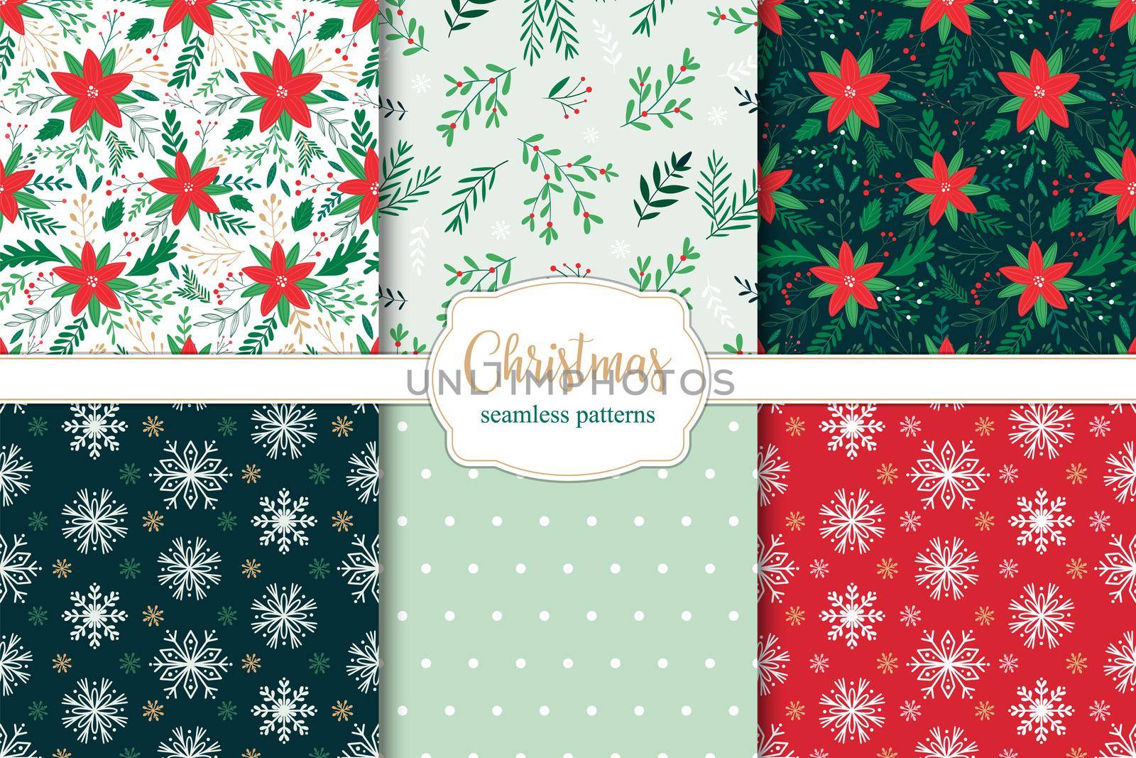 Set of christmas seamless patterns with poinsettia branches, leaves and berries and snowflakes.