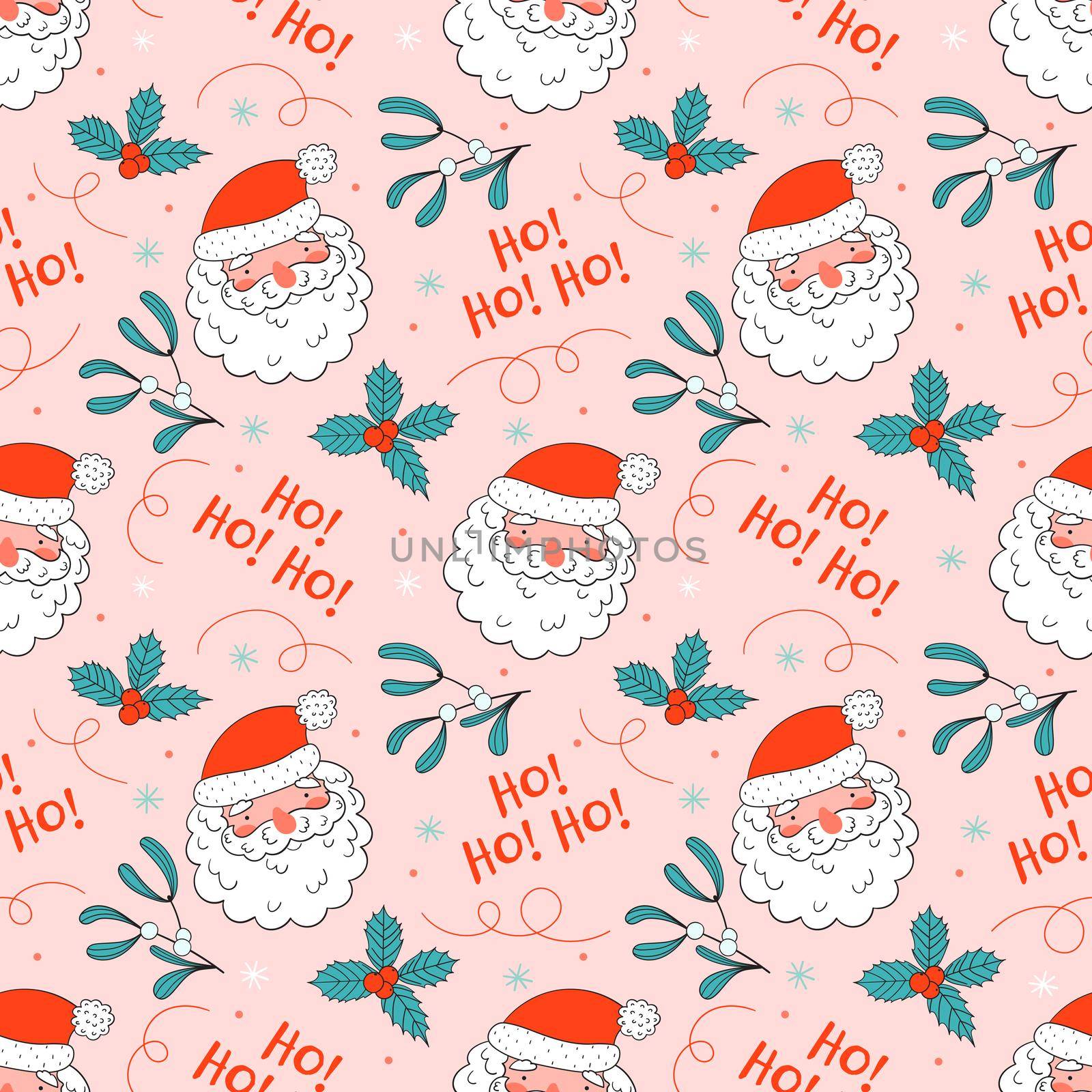 Christmas seamless pattern with cute santa in doodle style. by Lena_Khmelniuk