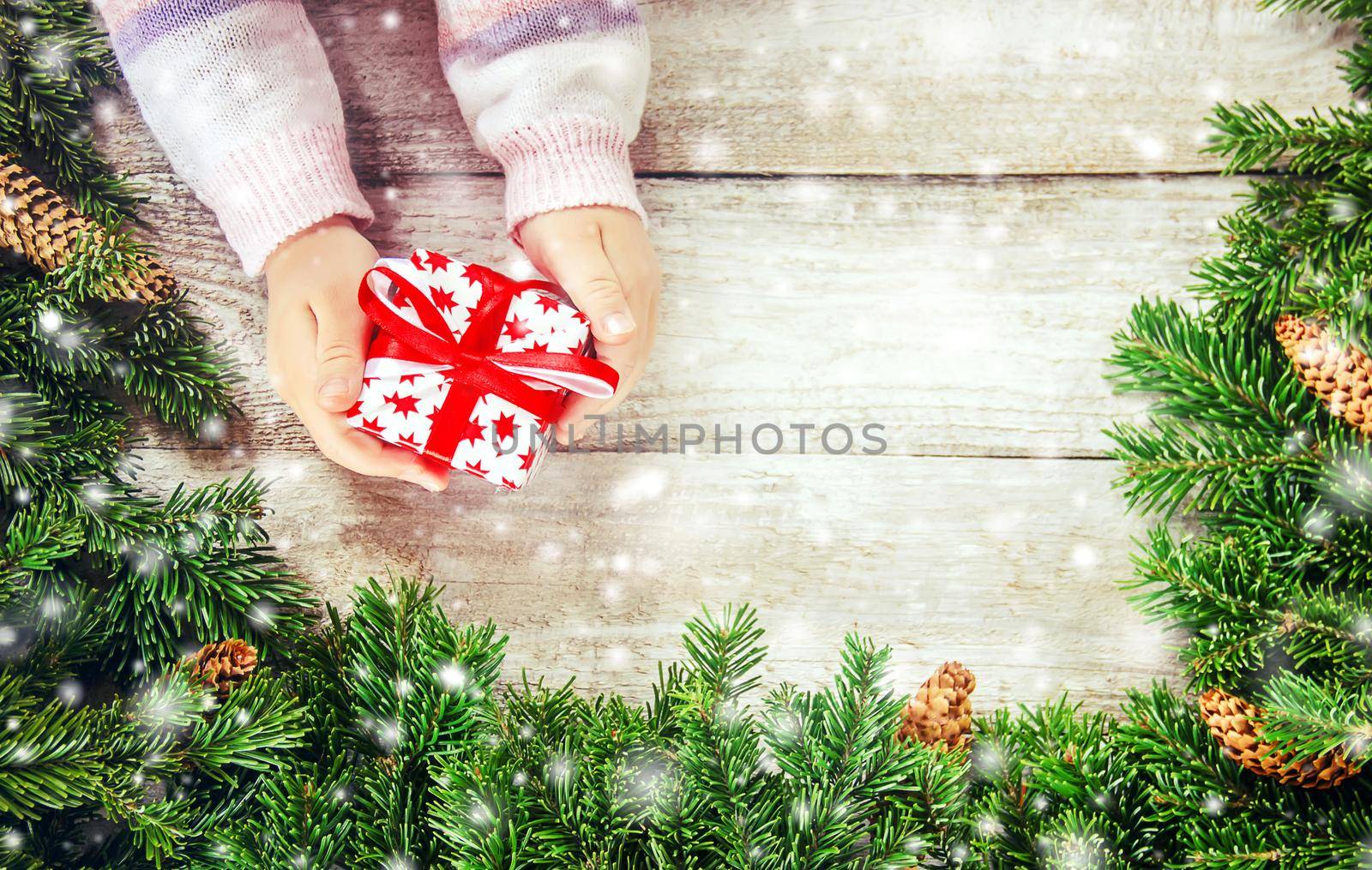 Wooden background with gifts. Selective focus. Decor.