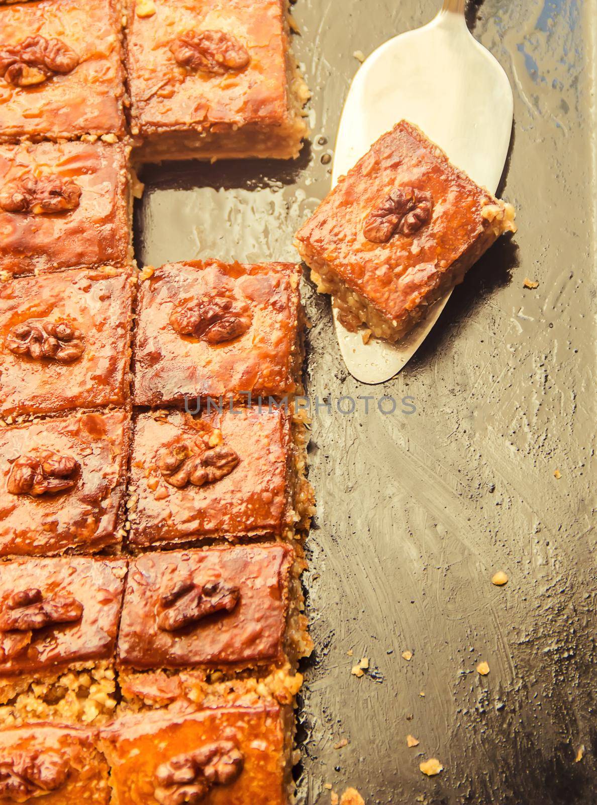 Baklava honey with walnuts. Selective focus. nature. by yanadjana