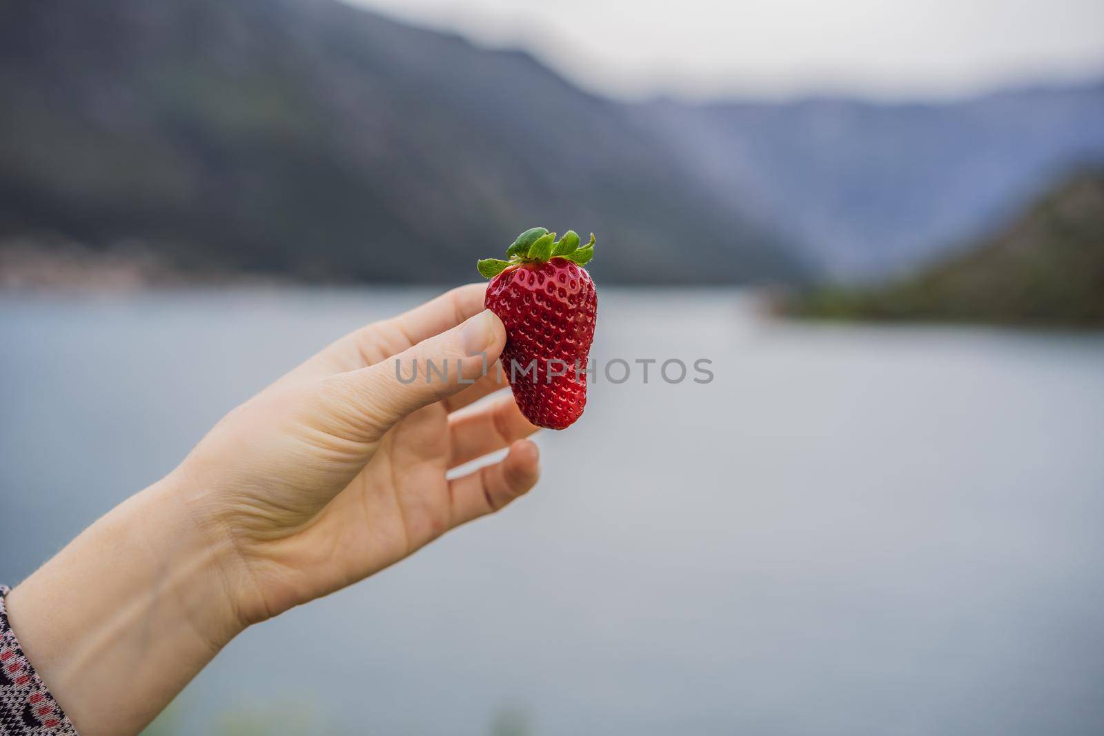 Young attractive woman eating a strawberry, outdoors.