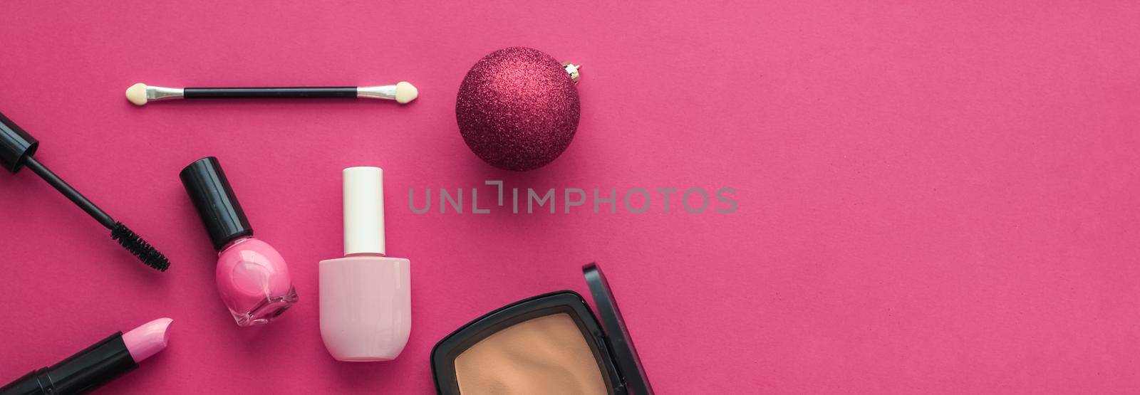 Cosmetic branding, fashion blog cover and girly glamour concept - Make-up and cosmetics product set for beauty brand Christmas sale promotion, luxury pink flatlay background as holiday design