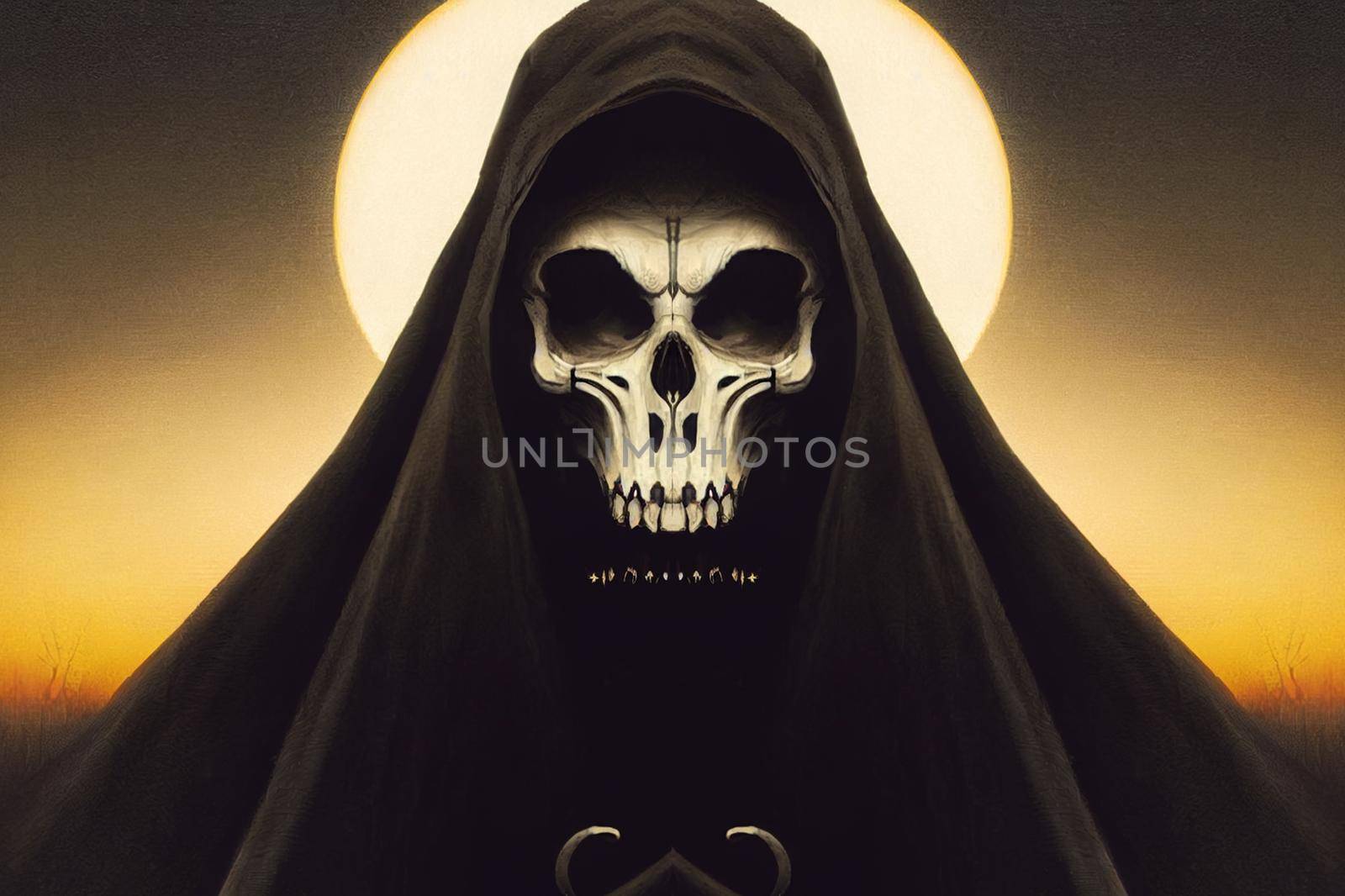 Grim reaper collecting souls at night. Halloween festival concept. Digital art, 3D illustration