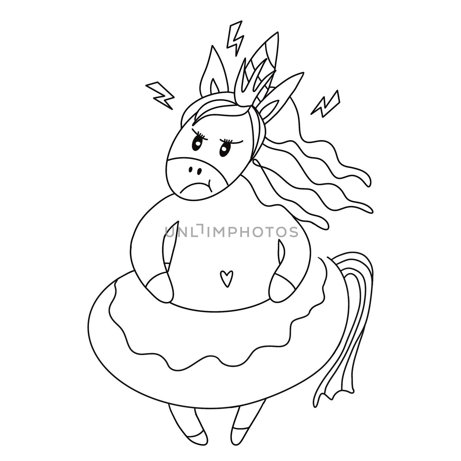 Coloring book. Cute cartoon unicorn. illustration depicting the emotion of anger. White background.